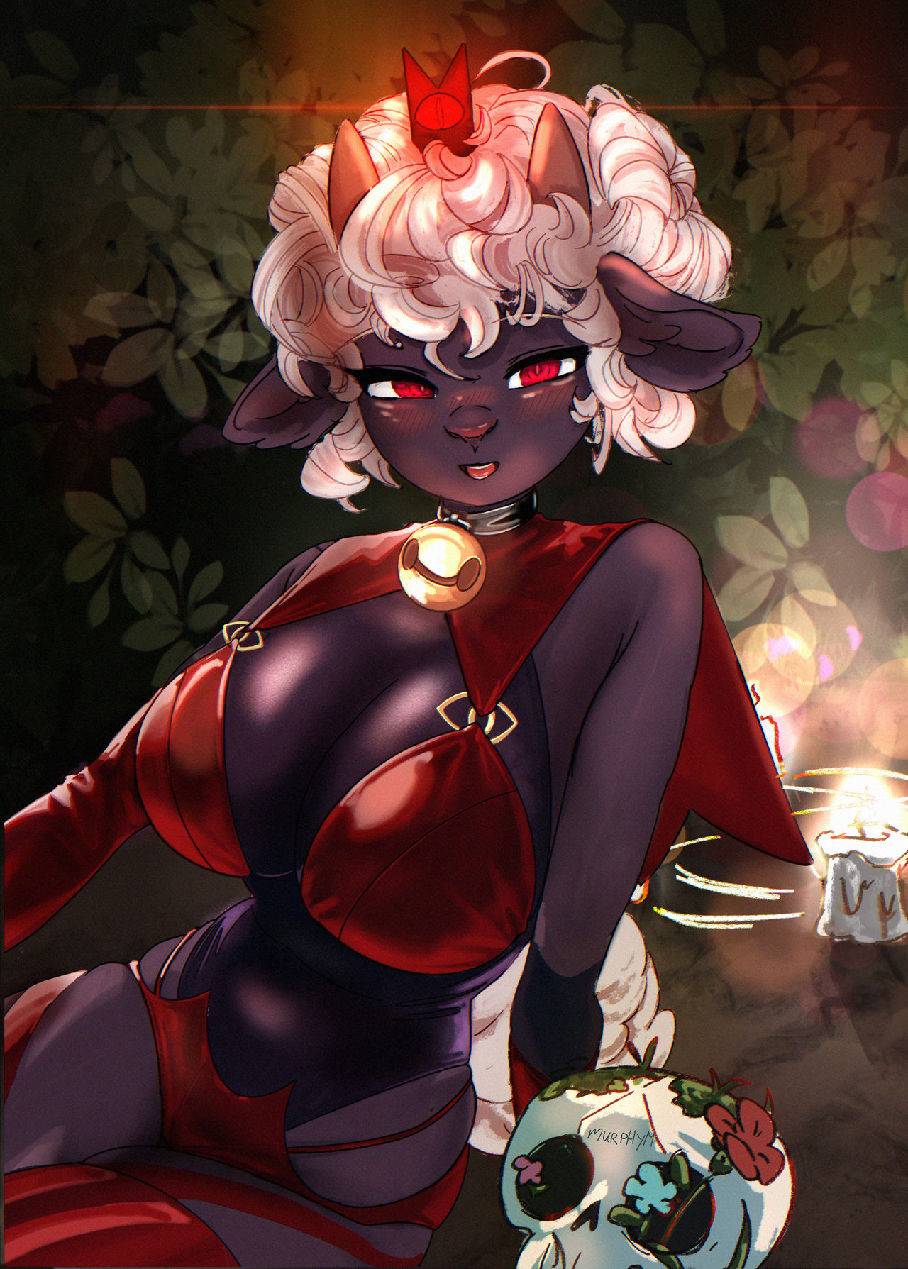 anthro, bra, breasts, clothing, cult of the lamb, dark skin, female, headwear, lamb, lamb (cult of the lamb), outerwear, red crown (cult of the lamb), sheep, wool (fur)