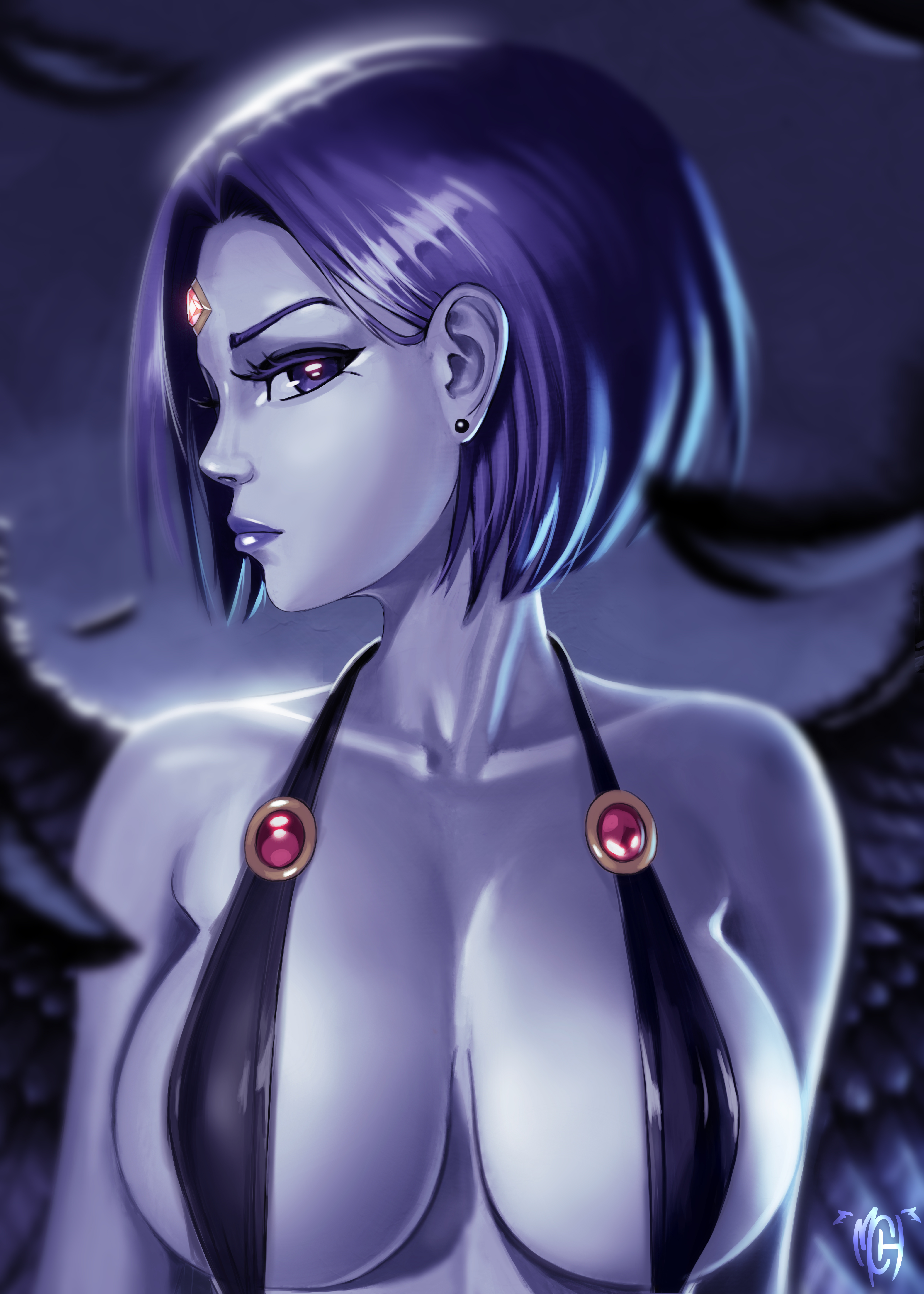 1girls, bell haircut, bikini, black bikini, black swimsuit, breasts, clothing, dc, dc comics, demon, demon girl, female, female only, medium hair, mrcorvus, one-piece swimsuit, purple hair, rachel roth, raven (dc), sling bikini, solo, swimsuit, teen titans, teenager, teeth