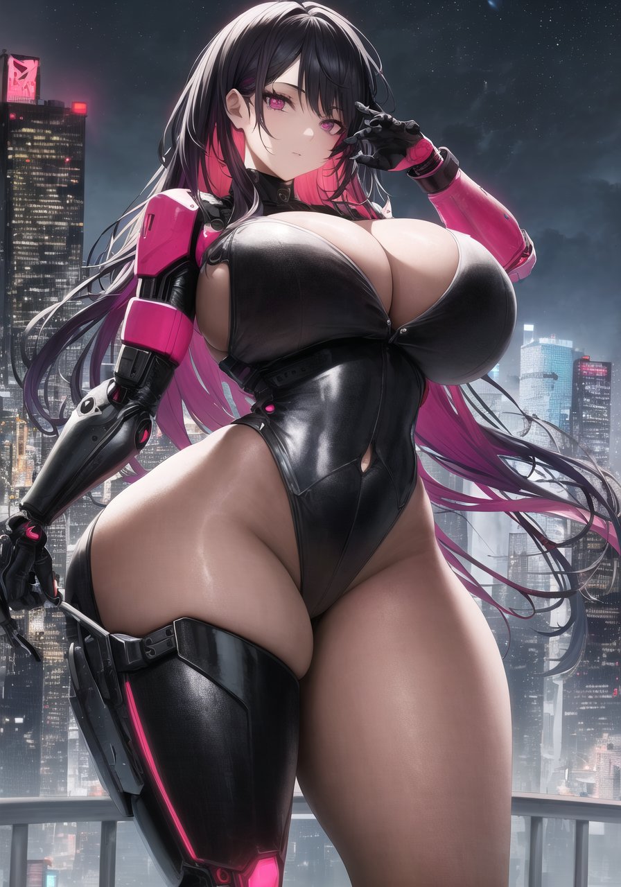 2023, ai generated, curvaceous, curvy female, curvy figure, female, female focus, female only, latex leotard, long hair, pink hair, stable diffusion, voluptuous female