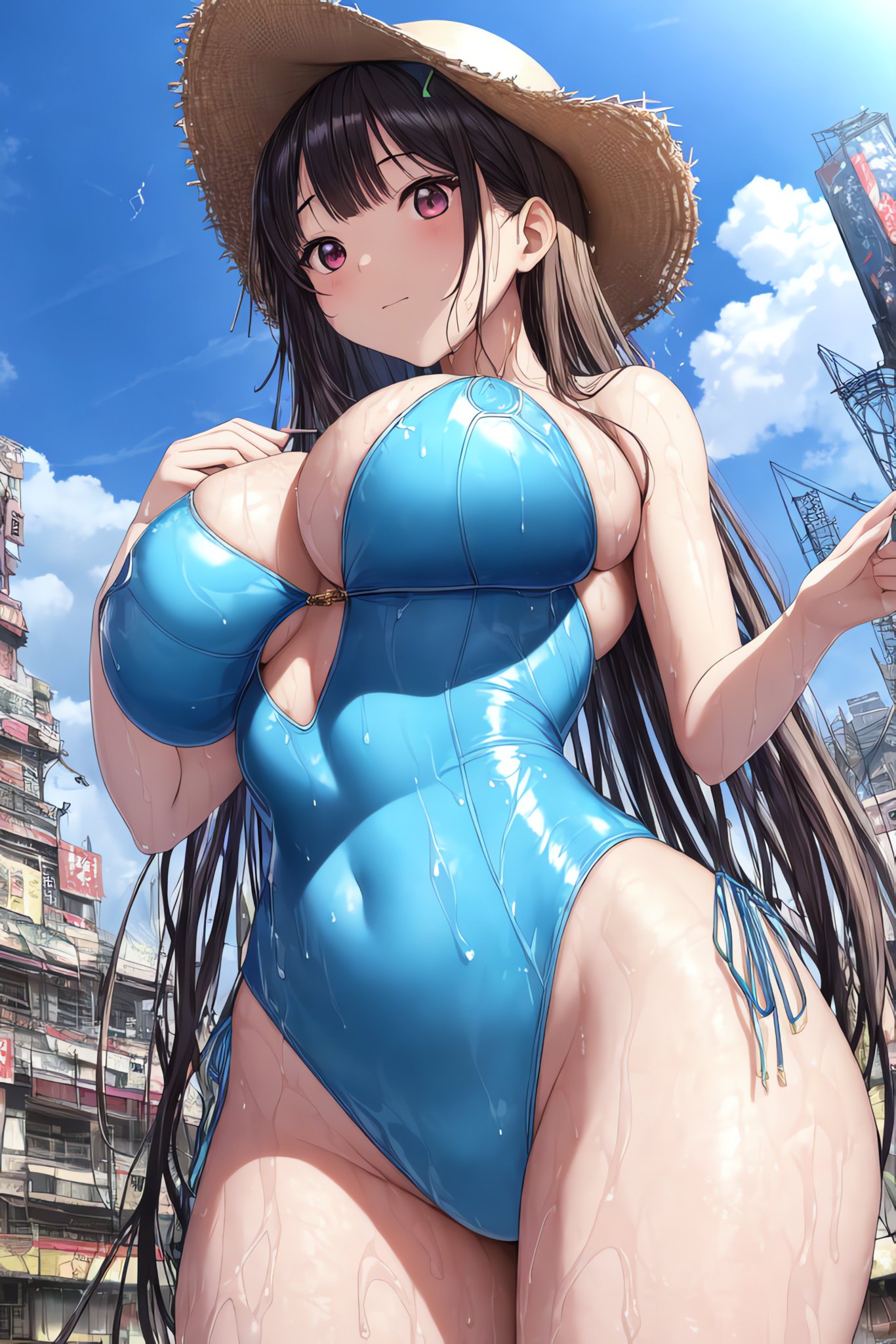 2023, ai generated, big breasts, breasts, curvy body, curvy figure, female, female focus, female only, high resolution, long hair, stable diffusion, swimsuit, voluptuous female, wet clothes, wet skin