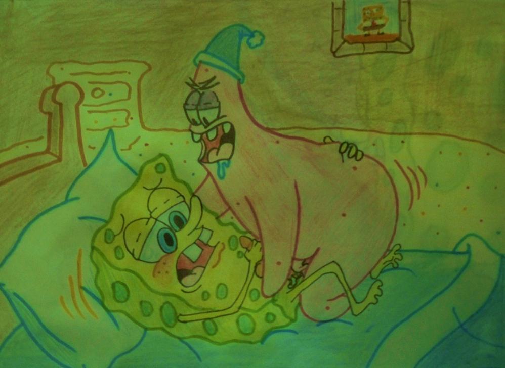 2boys anal_penetration anal_sex blue_eyes blush drool erection gay handjob holding_penis interspecies male male_only missionary_position motion_lines mouth_open multiple_males night_cap on_bed patrick_star saliva sea_sponge smooth_skin spongebob_squarepants spongebob_squarepants_(character) starfish tagme thrusting_into_ass yaoi