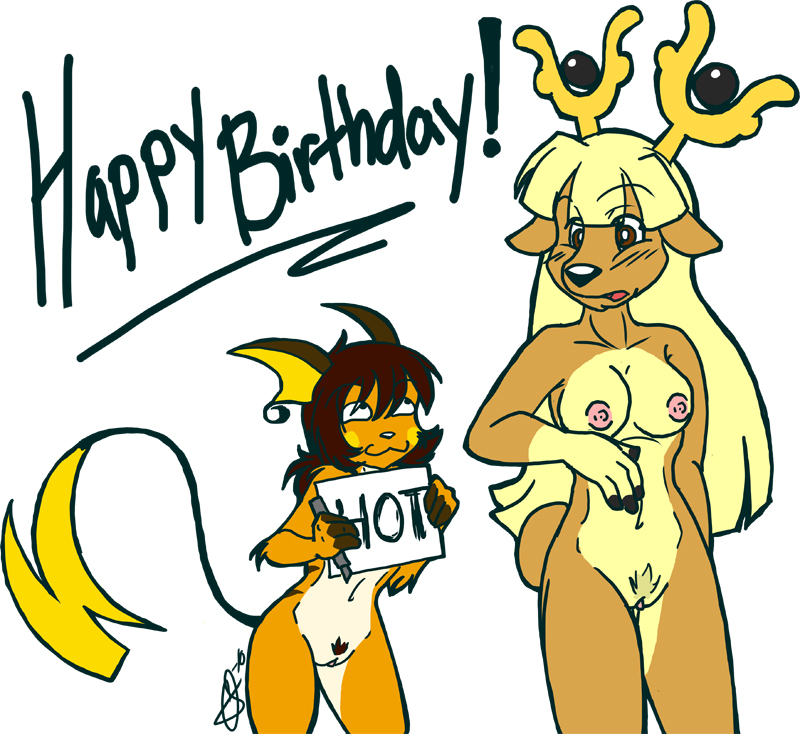 anthro antlers breasts color female female_only front_view fur furry interspecies multiple_females nipples pokemon pokemon_(species) raichu standing stantler tagme vulva yuri