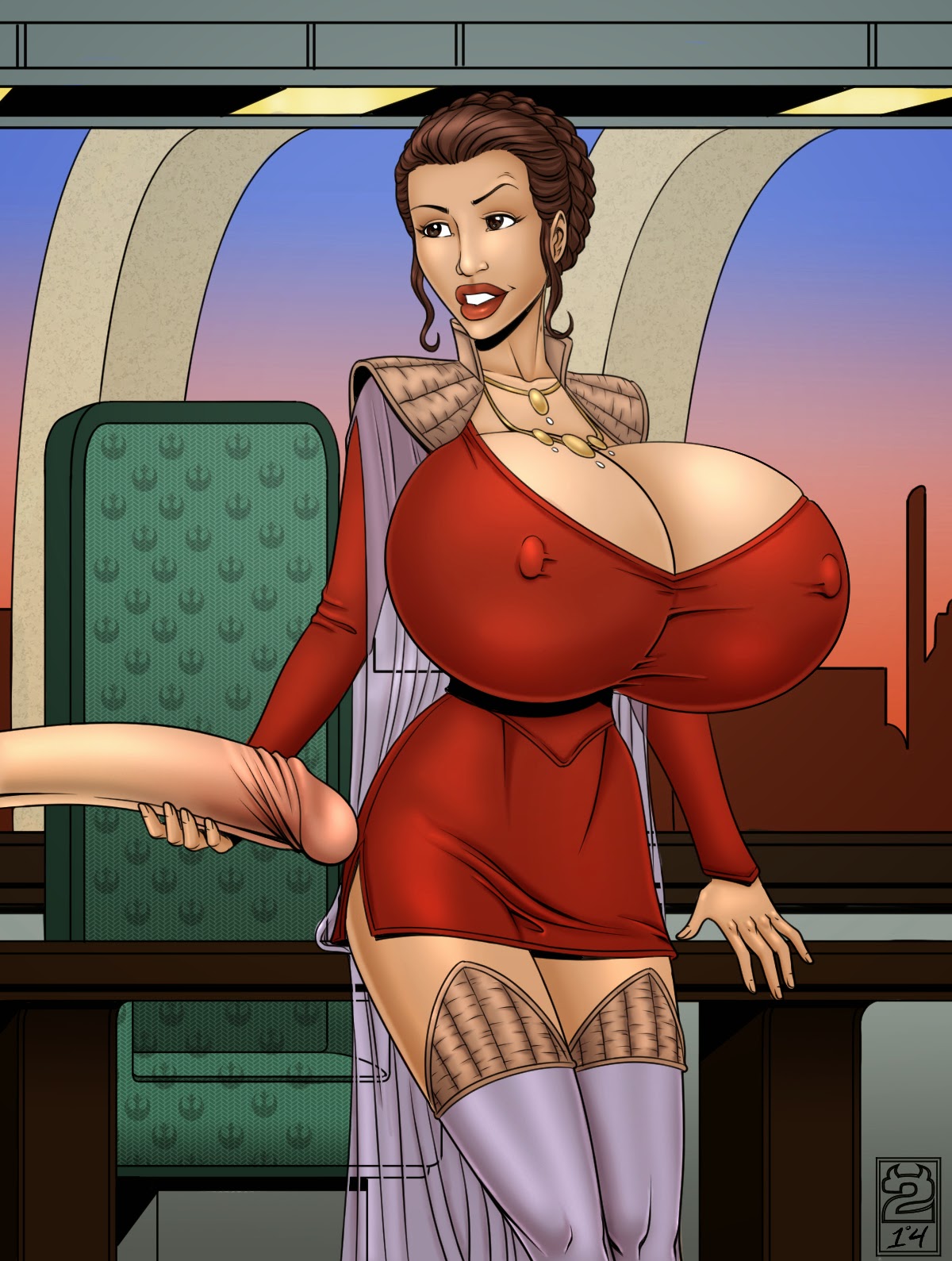 1boy, 1girls, breasts, deuce, faceless male, female, gigantic breasts, hair, huge cock, male, penis, princess leia organa, star wars