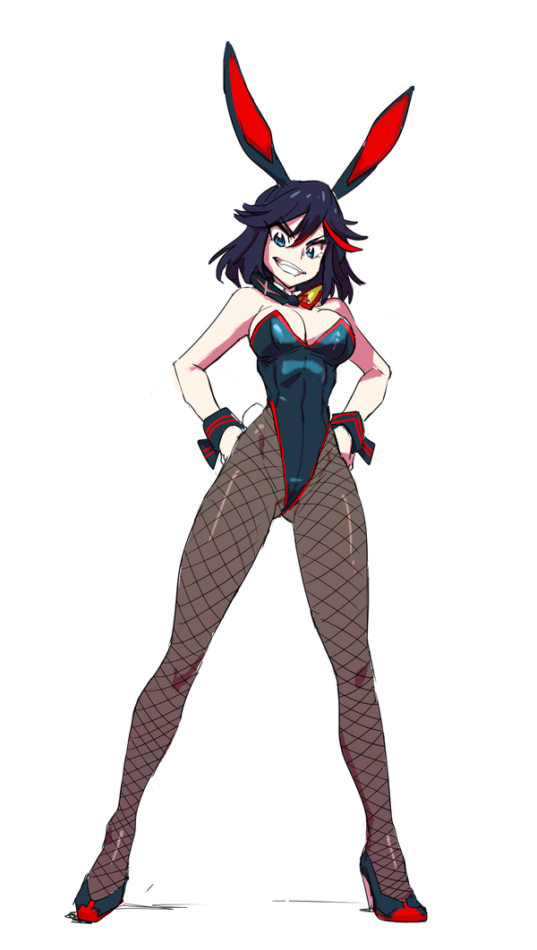 1girls bunny_costume bunny_ears bunnysuit fishnet_legwear fishnet_stockings fishnets gyosone kamui_(kill_la_kill) kill_la_kill matoi_ryuuko senketsu smile solo solo_female stockings studio_trigger white_background