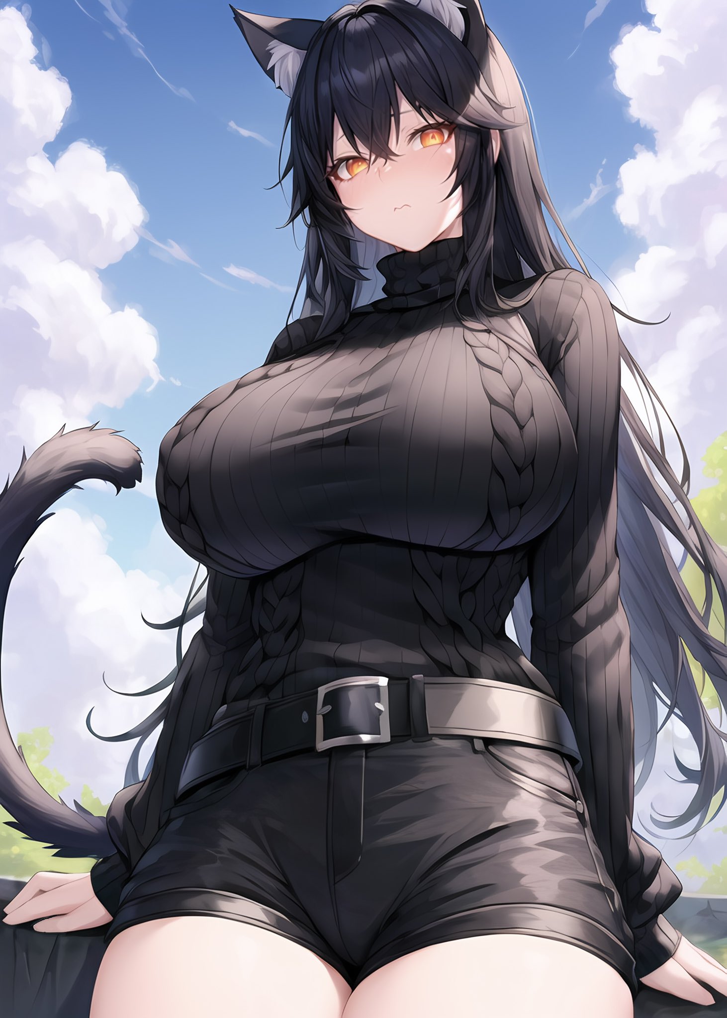 1girls, ai generated, belt, black hair, black sweater, breasts, cat ears, cat girl, cat tail, catgirl, clothed, female, huge breasts, inner ear fluff, light skin, light-skinned female, long hair, looking at viewer, low-angle view, orange eyes, original, original character, outdoors, short shorts, shorts, stable diffusion, stuffyai, sweater, tail, thick thighs, tight clothing
