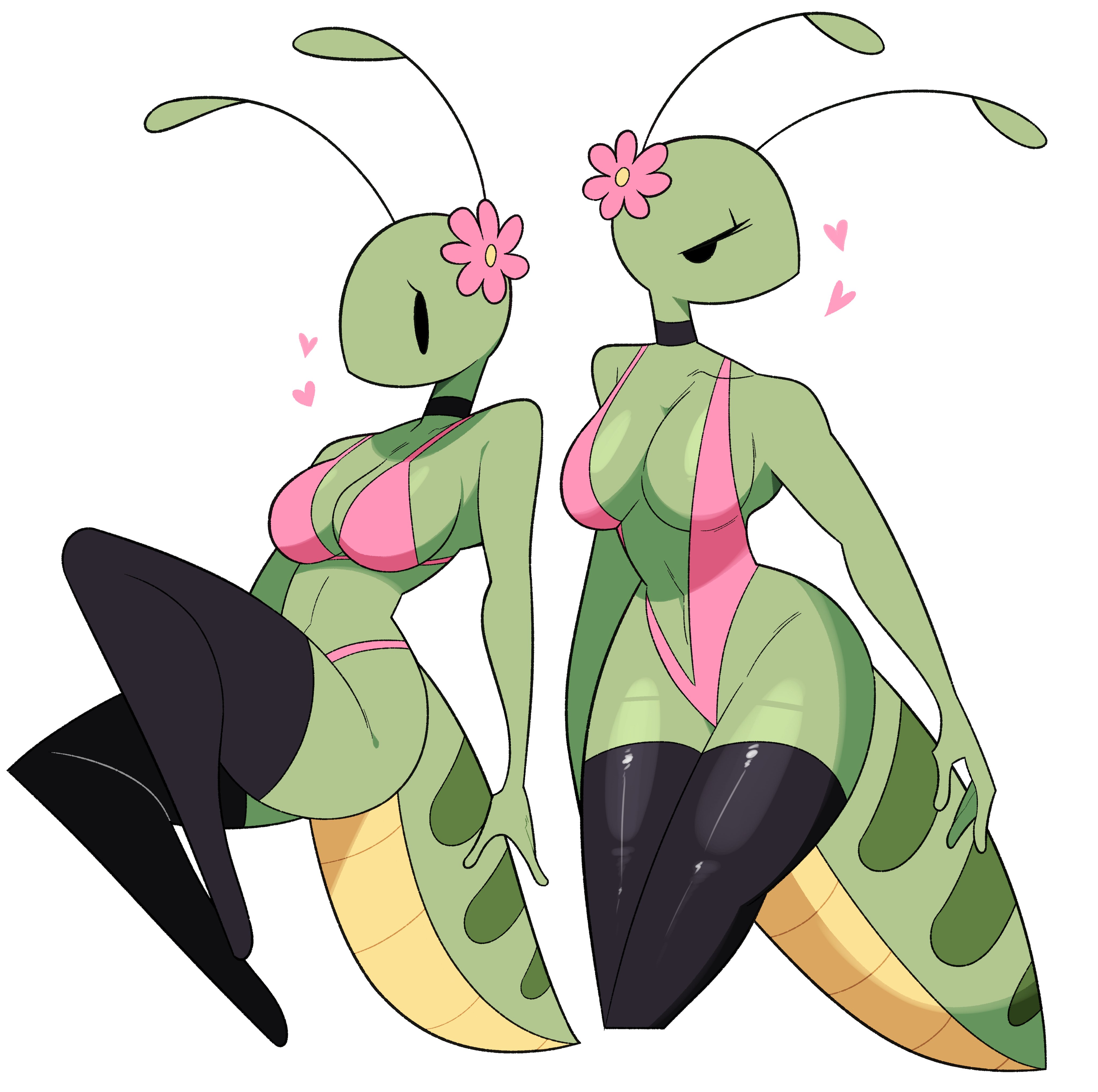 1girls, abdomen, absurd res, antennae, antennae (anatomy), anthro, bent legs, bikini, black eyes, black thighhighs, breasts, choker, female, flower, flower on head, green body, heart, idolomantises, inner sideboob, insect abdomen, insects, legs together, looking at viewer, mammal, mantis, mothmilfs, narrowed eyes, papaya (idolomantisies), sling bikini, solo, thighhighs, trans woman, transfem, white background