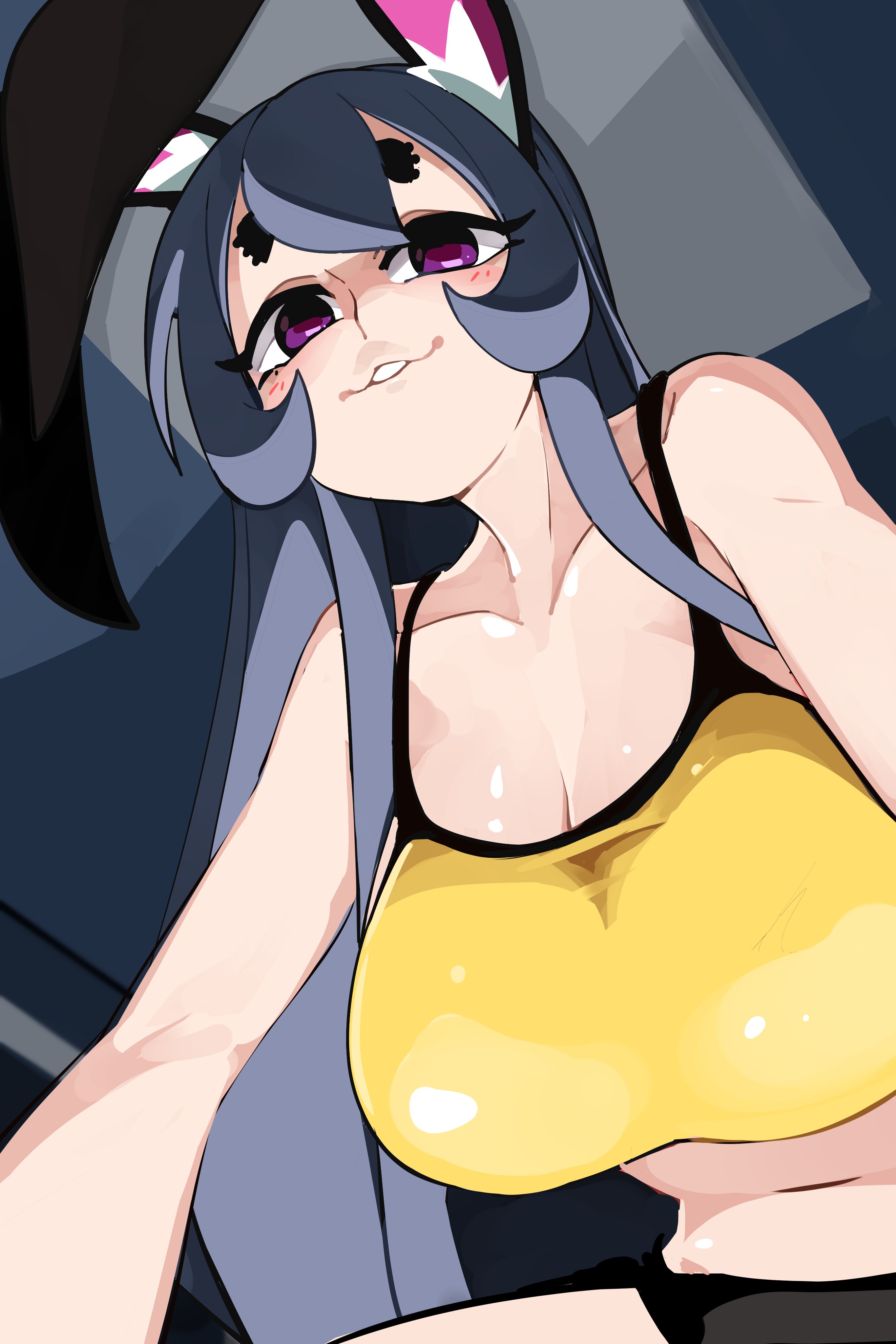 1girls, absurd res, big breasts, blush, bongfillstudent, breasts, bunny ears, bunny girl, bunny industry (bongfillstudent), female, female only, grey hair, light blush, long hair, looking at viewer, purple eyes, shaded, smiling, smiling at viewer, smug, solo, tank bunny (bongfillstudent), tank top, viewed from below