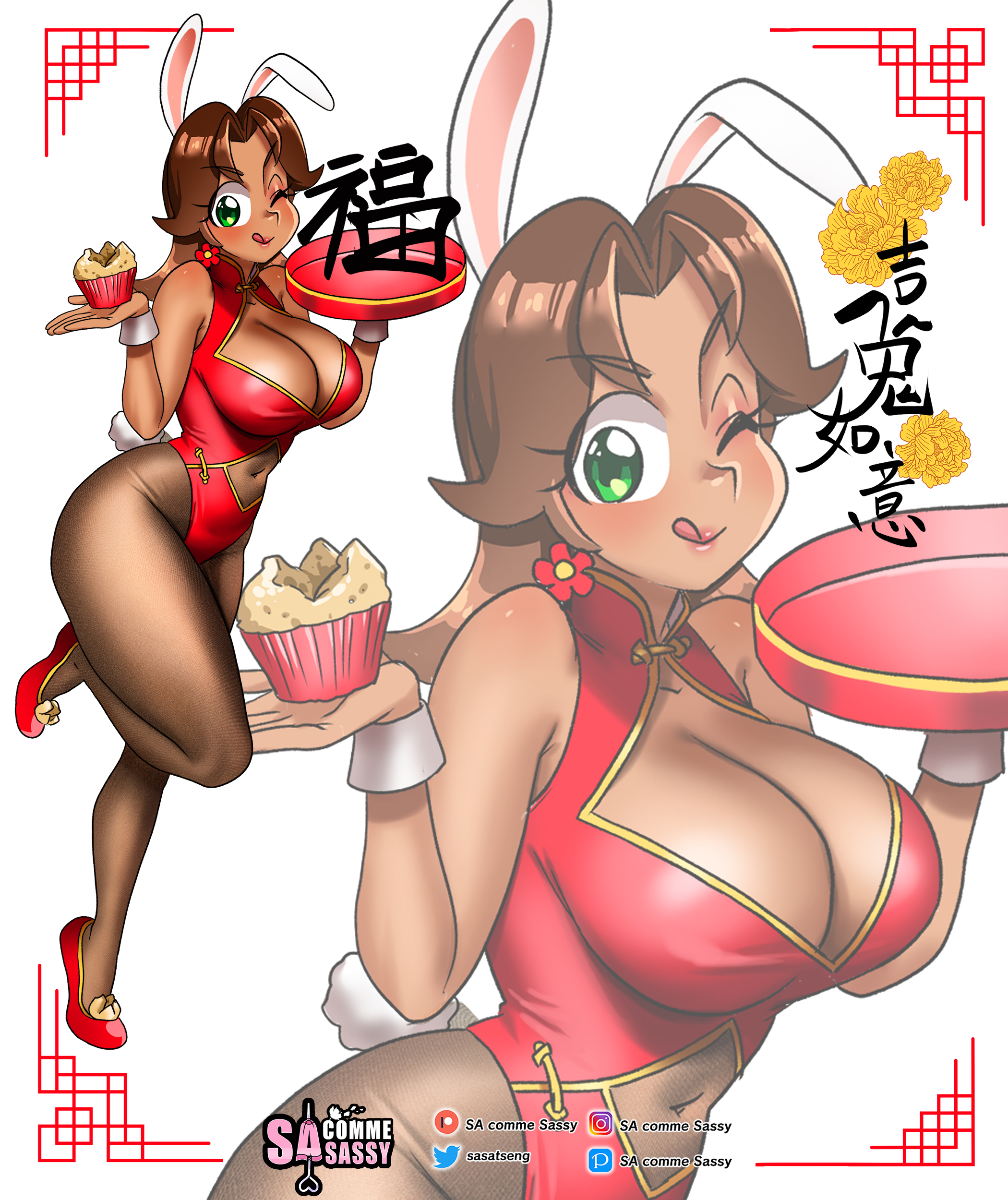 :q, 1girls, alternate skin color, alternative skin color, artist name, bent legs, big breasts, breasts, brown hair, bunny daisy, bunny ears, bunny tail, chinese clothes, chinese text, cleavage, cupcake, dark skin, dark-skinned female, eyeshadow, female, female only, green eyes, hi res, lipstick, long hair, looking at viewer, makeup, mario (series), nintendo, pantyhose, princess daisy, red eyeshadow, red lipstick, red makeup, sasatseng, smiling, smiling at viewer, solo, standing on one leg, super mario land, super mario land 2, text, thick thighs, tray, wink, winking at viewer, wrist cuffs, year of the rabbit