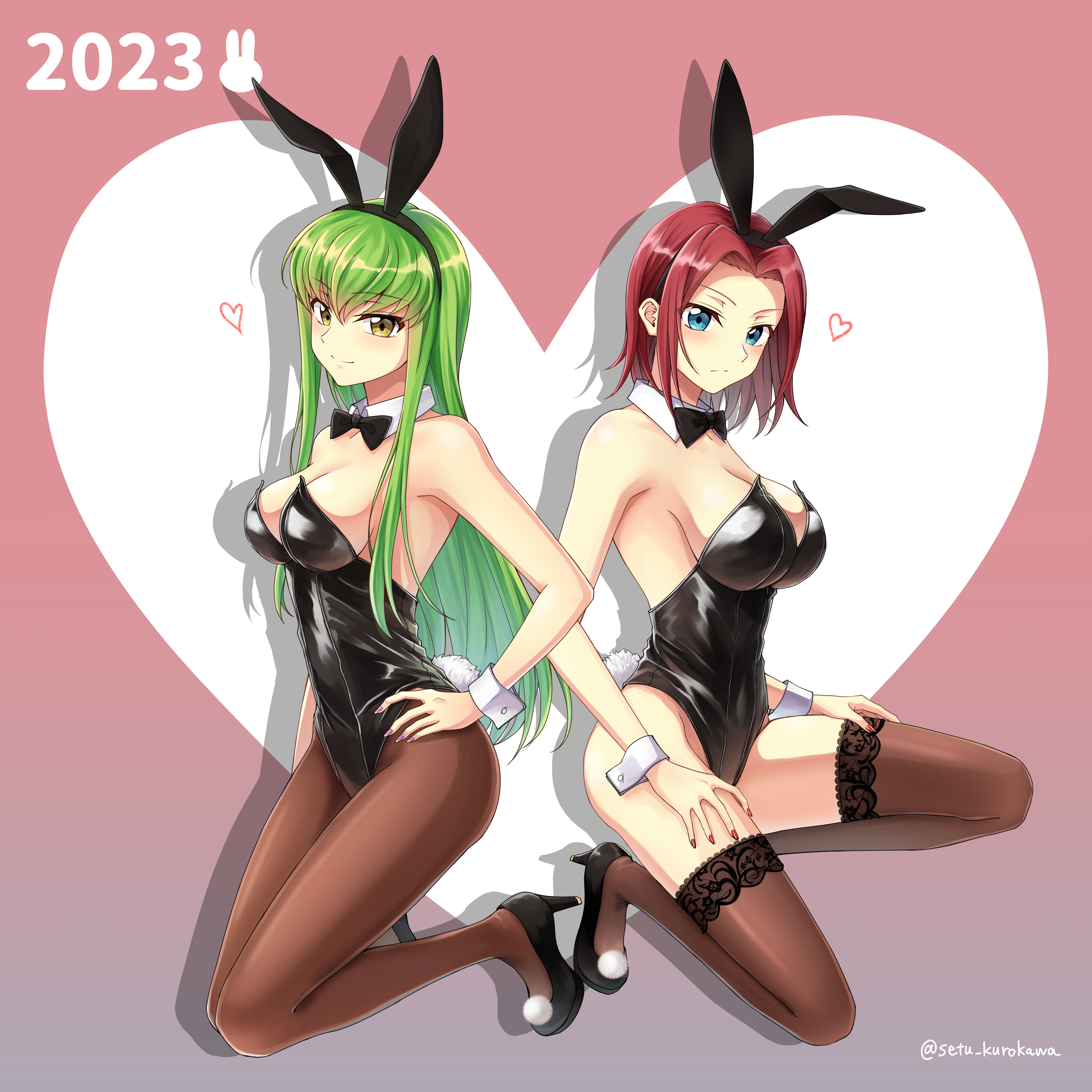 2girls, bunnysuit, c.c., code geass, female, kallen stadtfeld, setu kurokawa, tagme