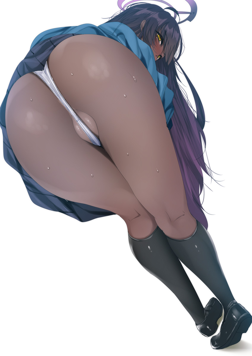 1girls ass bending_over black_hair black_socks blue_archive brown_skin dark-skinned_female dark_skin female fumihiko_(pixiv2658856) halo karin_(blue_archive) karin_kakudate knee_socks kneehighs kneesocks large_ass loafers long_hair long_legs millennium_science_school_student panties purple_hair school_uniform schoolgirl short_skirt skirt socks two_tone_hair yellow_eyes