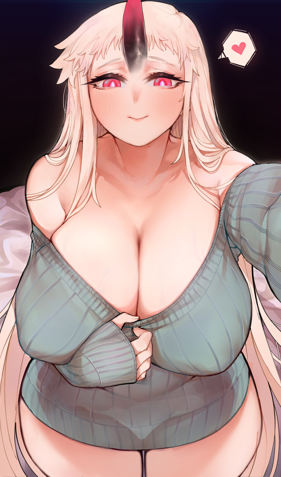 1girls, big breasts, blonde hair, blush, breasts, cleavage, clothing pull, female, female only, hi res, horn, kantai collection, long hair, looking at viewer, narrowed eyes, nipple bulge, pink eyes, seaport hime, selfie, smiling, smiling at viewer, solo, spoken heart, sweater, uni (oni unicorn)