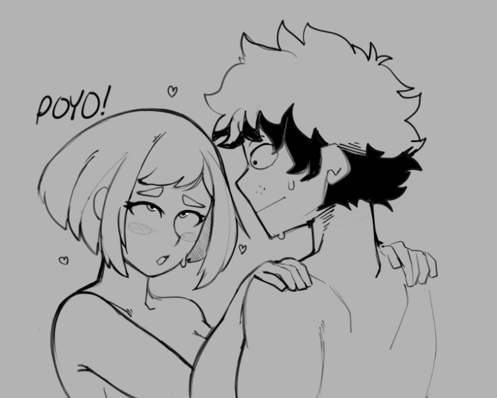 1boy 1boy1girl 1girls black_and_white blush_lines deku eyes_open eyes_rolling_back eyes_up female hands_on_shoulders hearts_around_head izuku_midoriya looking_at_partner male my_hero_academia ochako_uraraka open_eyes pleasure_face ragingbarbarians short_hair straight