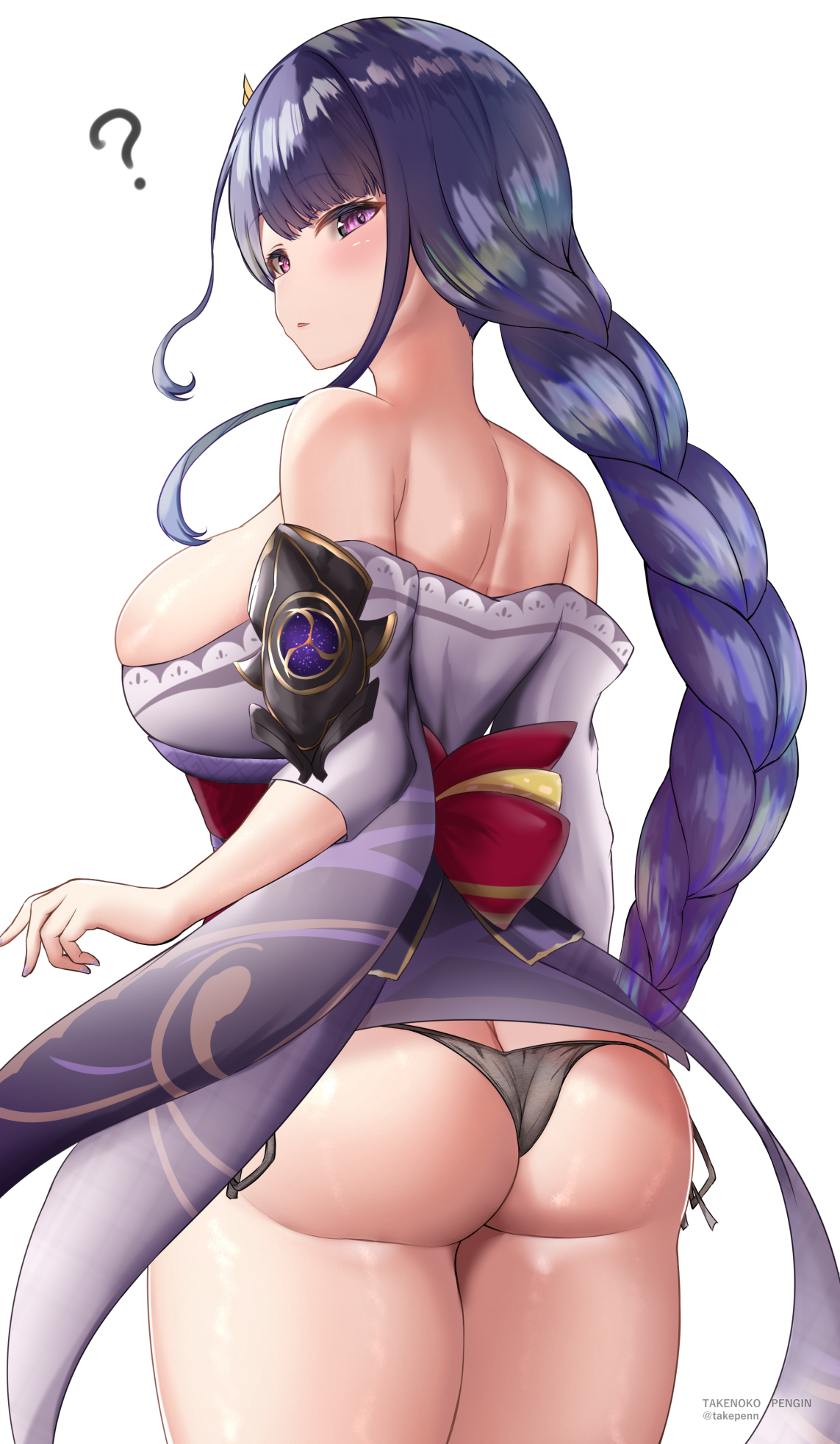 ?, 1girls, ass, black panties, braided hair, breasts, female, genshin impact, huge breasts, large ass, light skin, light-skinned female, long hair, panties, purple hair, question mark, raiden shogun, simple background, takenoko pengin, thighs