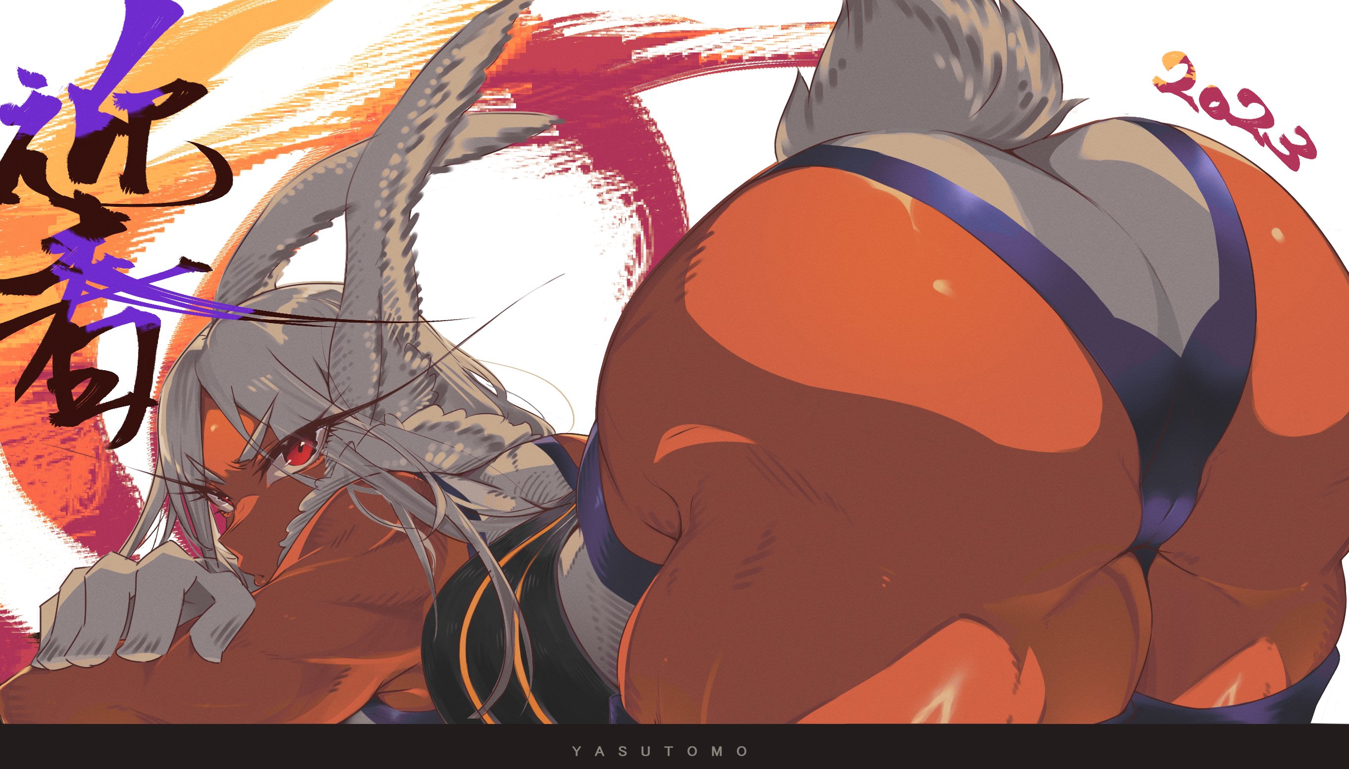 :o, 1girls, 2023, animal ears, artist name, ass, ass focus, bangs, bare shoulders, big ass, bubble ass, bubble butt, dark skin, dark-skinned female, female, fur collar, gloves, huge ass, leotard, long eyelashes, long hair, looking at viewer, lying, miruko, muscular, muscular female, my hero academia, on stomach, parted bangs, purple thighhighs, rabbit ears, rabbit girl, rabbit tail, red eyes, rumi usagiyama, sleeveless turtleneck leotard, solo, tail, thick thighs, thighhighs, thighs, v-shaped eyebrows, white gloves, white hair, white leotard, yasutomo! (akuasky), year of the rabbit