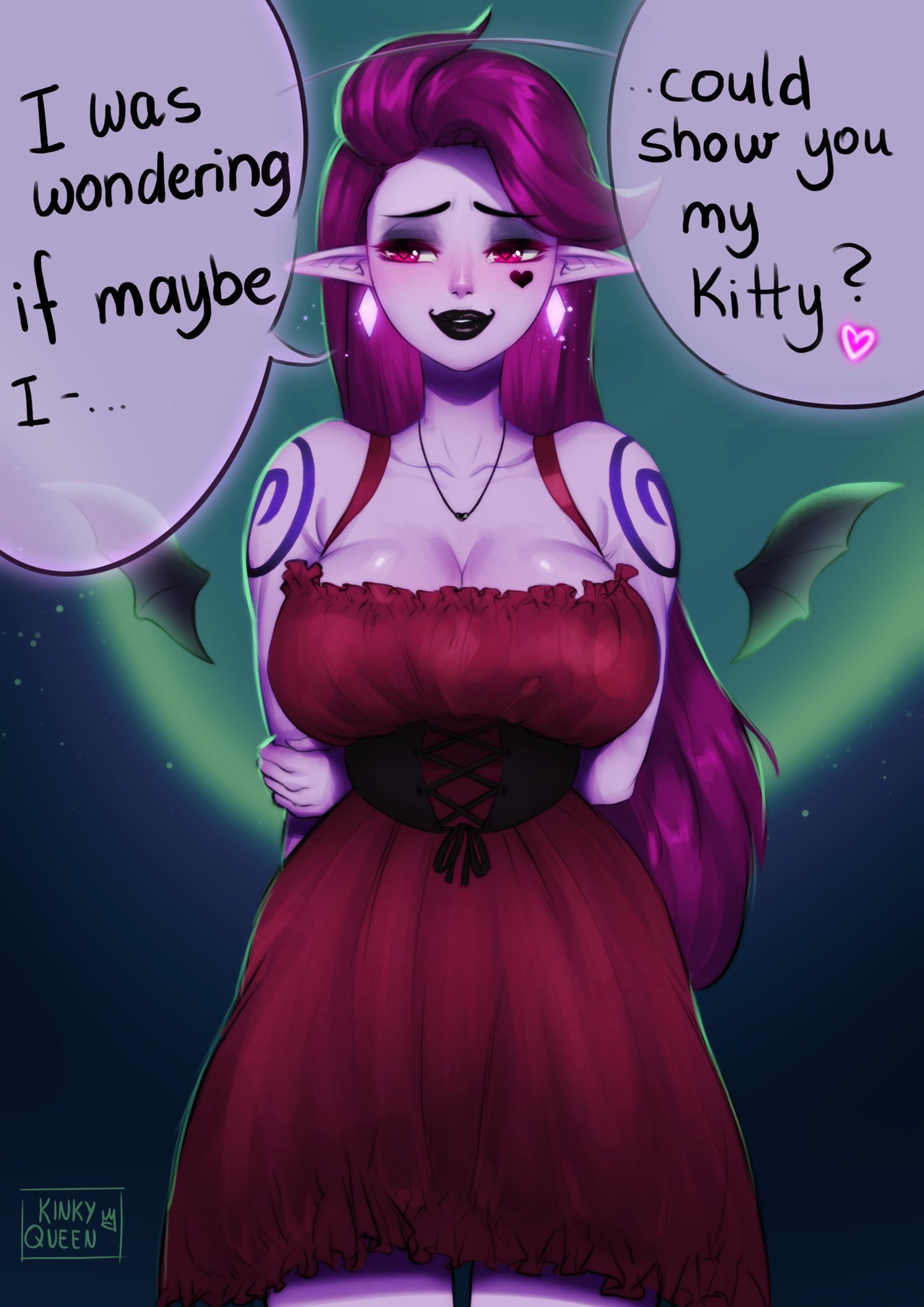 1girls, arms behind back, black lipstick, blush, cleavage, demon, dialogue, dress, earrings, effie (my kinky queen), english text, female, female only, heart, heart tattoo, heart-shaped pupils, hi res, long hair, looking away, my kinky queen, narrowed eyes, original, original character, pink eyes, pointy ears, purple hair, purple skin, smiling, solo, speech bubble, succubus, tattoo, tattoo under eye