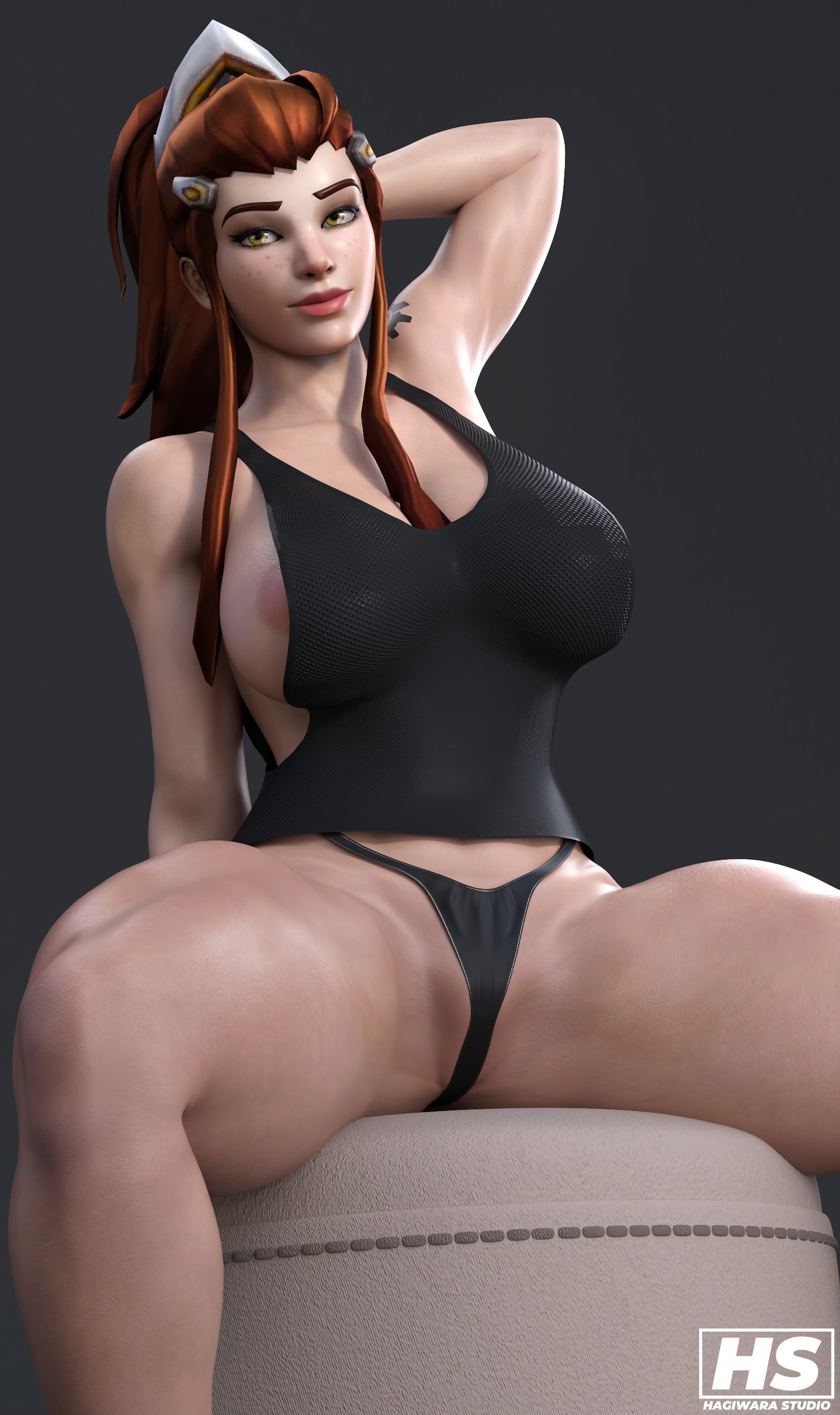 1girls, 3d, ass, big ass, big breasts, blizzard entertainment, breasts, brigitte, brigitte lindholm, brown hair, bubble ass, female, female only, hagiwara studio, looking at viewer, muscles, muscular, muscular female, overwatch, ponytail, solo, tank top, tattoo, thick thighs, thong, wide hips