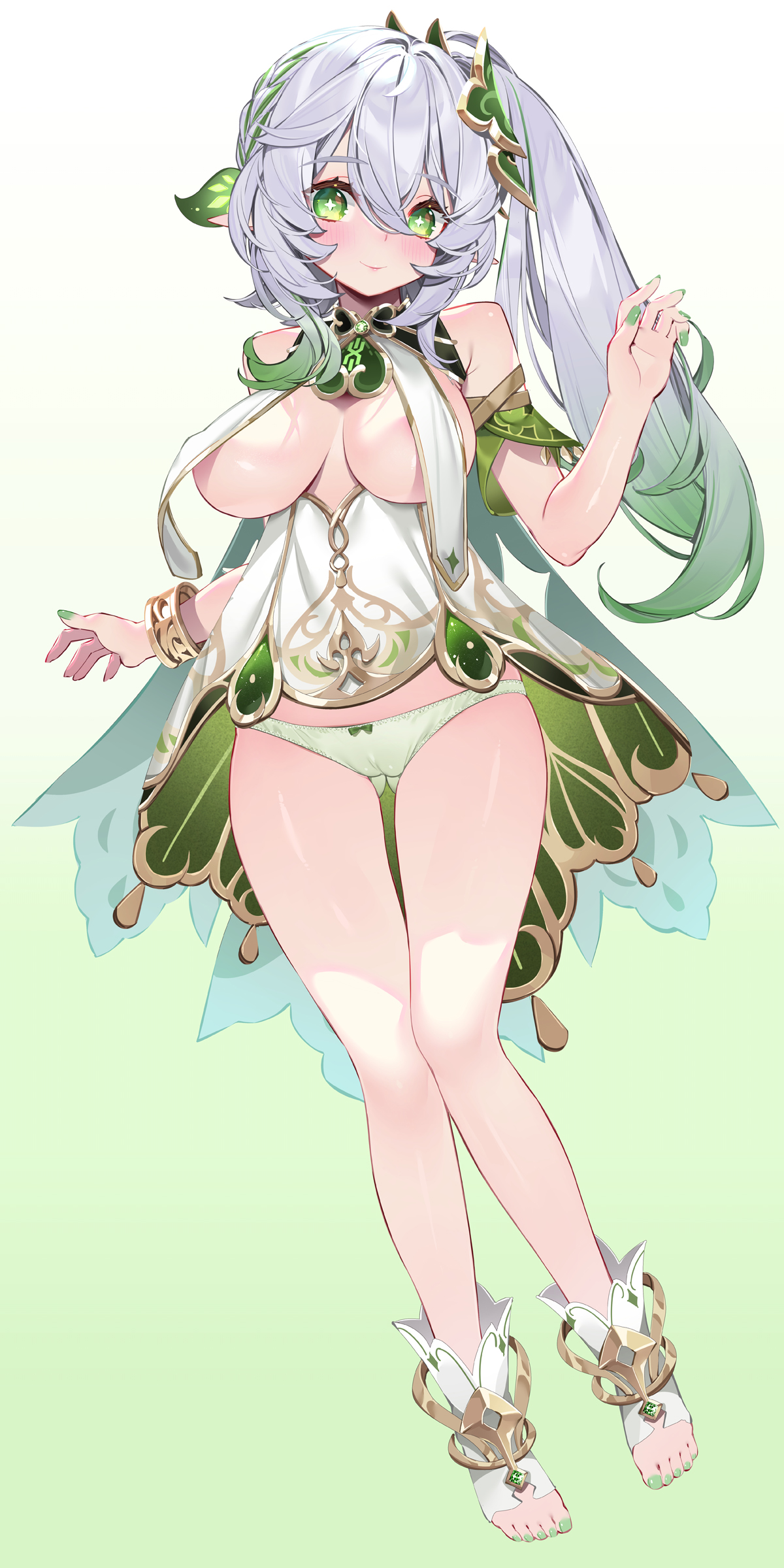 1girls, aged up, big breasts, blush, breasts, eye contact, feet, female, female only, genshin impact, green eyes, hair ornament, light skin, light-skinned female, long hair, looking at viewer, nahida (genshin impact), nail polish, panties, pointy ears, ponytail, revealing clothes, silver hair, solo, stirrup legwear, stirrup socks, thighs, toeless legwear, toeless socks, toes, two-tone hair, waterring