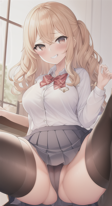 ai_generated anything_diffusion blonde_hair breasts cameltoe grin legs legs_up legwear medium_hair panties ribbon school_uniform skirt skirt_lift smile stockings thighhighs thighs wavy_hair