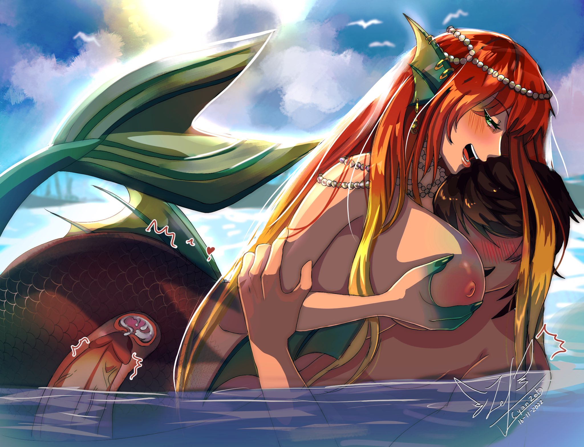 1boy, 1girls, areola, artist signature, big breasts, blush, breast smother, breasts, brown hair, cum, cum in pussy, cum inside, ear piercing, earrings, female, female on top, female penetrated, fin, green eyes, half-closed eyes, head between breasts, head fin, humanoid, indie virtual youtuber, long hair, looking back, male, male penetrating, male penetrating female, male/female, merfolk, mermaid, mermaid tail, necklace, nipples, open mouth, pearl (gem), pearl necklace, penetration, penis, penis in pussy, princess aria, pussy, red hair, sex, short hair, straight, thick penis, two-tone hair, upper teeth, vagina, vaginal penetration, vaginal sex, virtual youtuber, vtuber, water, x-ray