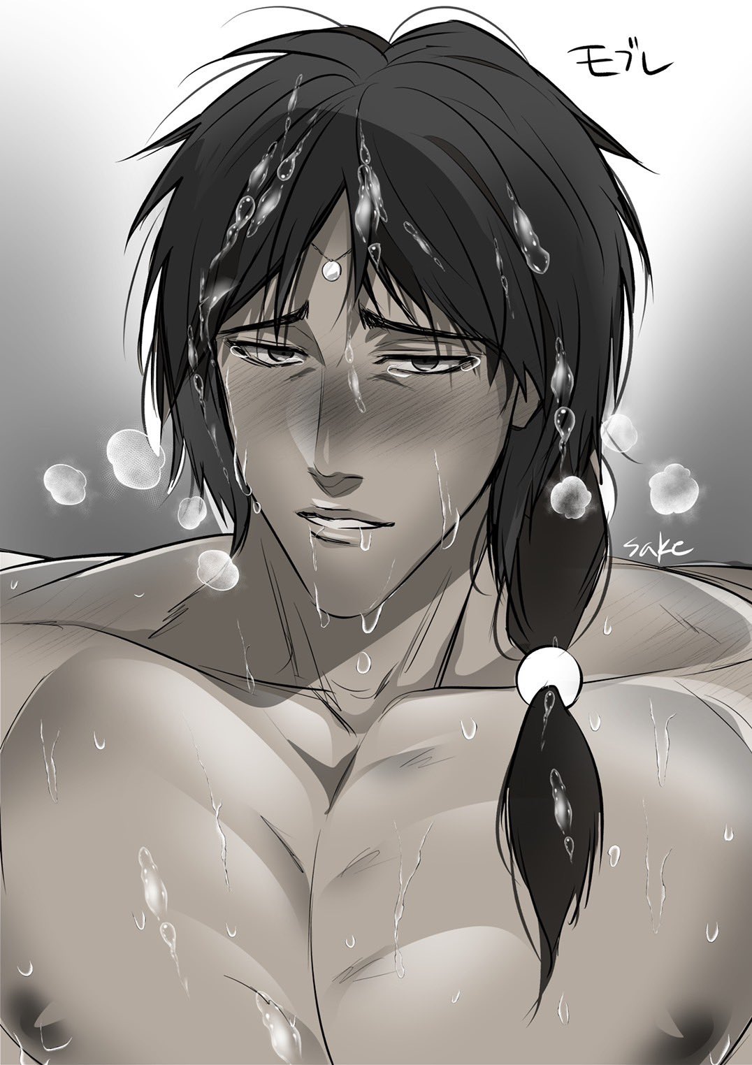 big_pecs blush breath circlet cum cum_on_body cum_on_face cum_on_hair cum_on_upper_body gaolang_wongsawat kengan_(series) kengan_ashura long_hair_male looking_at_viewer low-tied_long_hair low_ponytail male male_only messy_hair monochrome muscular muscular_male pecs ponytail saketobaaaaaa smile solo tan_skin tied_hair topless topless_male upper_body yaoi