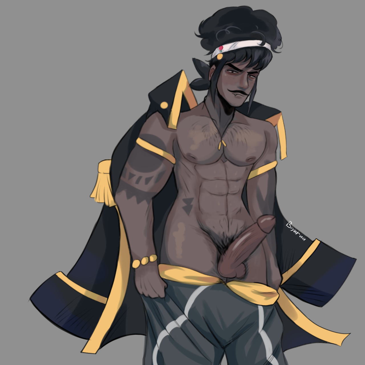 1boy, abs, balls, ballsack, biyaruu, black hair, body hair, captain caviar cookie, cookie run, cookie run kingdom, dark skin, dark-skinned male, erection, facial hair, headband, human, jacket on shoulders, long hair, long-haired male, male, male nipples, male only, male pubic hair, muscles, muscular, muscular male, mustache, nipples, pants down, pecs, penis, pubic hair, scrotum, tattoo, testicles, veiny penis