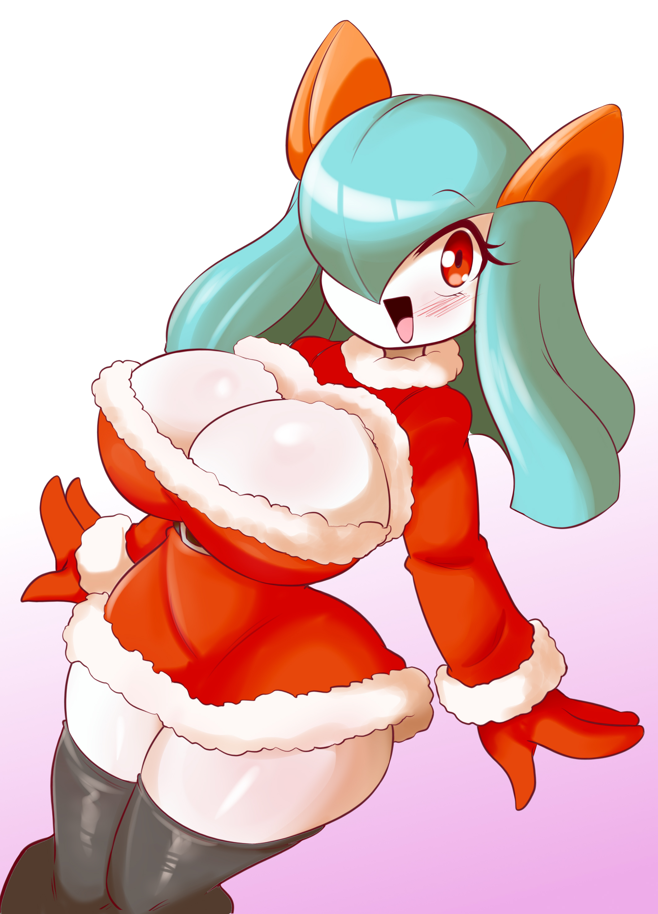 alternate breast size, big breasts, breasts, christmas, christmas outfit, cleavage, female, female focus, female only, kirlia, lucyfercomic, nintendo, pokémon (species), pokemon, pokemon (species), santa dress, shiny kirlia, shiny pokemon, thick thighs, thighs