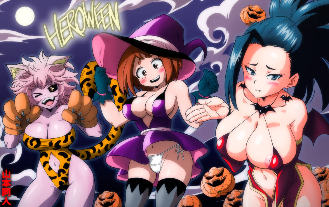 3girls, animal ears, areola slip, ass, bat wings, black hair, black sclera, black-haired female, blush, breasts, brown hair, brown-haired female, cleavage, clothing cutout, facing viewer, female, full moon, halloween, highres, holidays, large breasts, leotard, linea alba, looking at viewer, mina ashido, momo yaoyorozu, multiple females, multiple girls, my hero academia, navel, navel cutout, nipples, no bra, ochako uraraka, panties, pink hair, pink skin, pink-haired female, strapless, strapless leotard, wide hips, wink, witch hat, yamamoto doujin