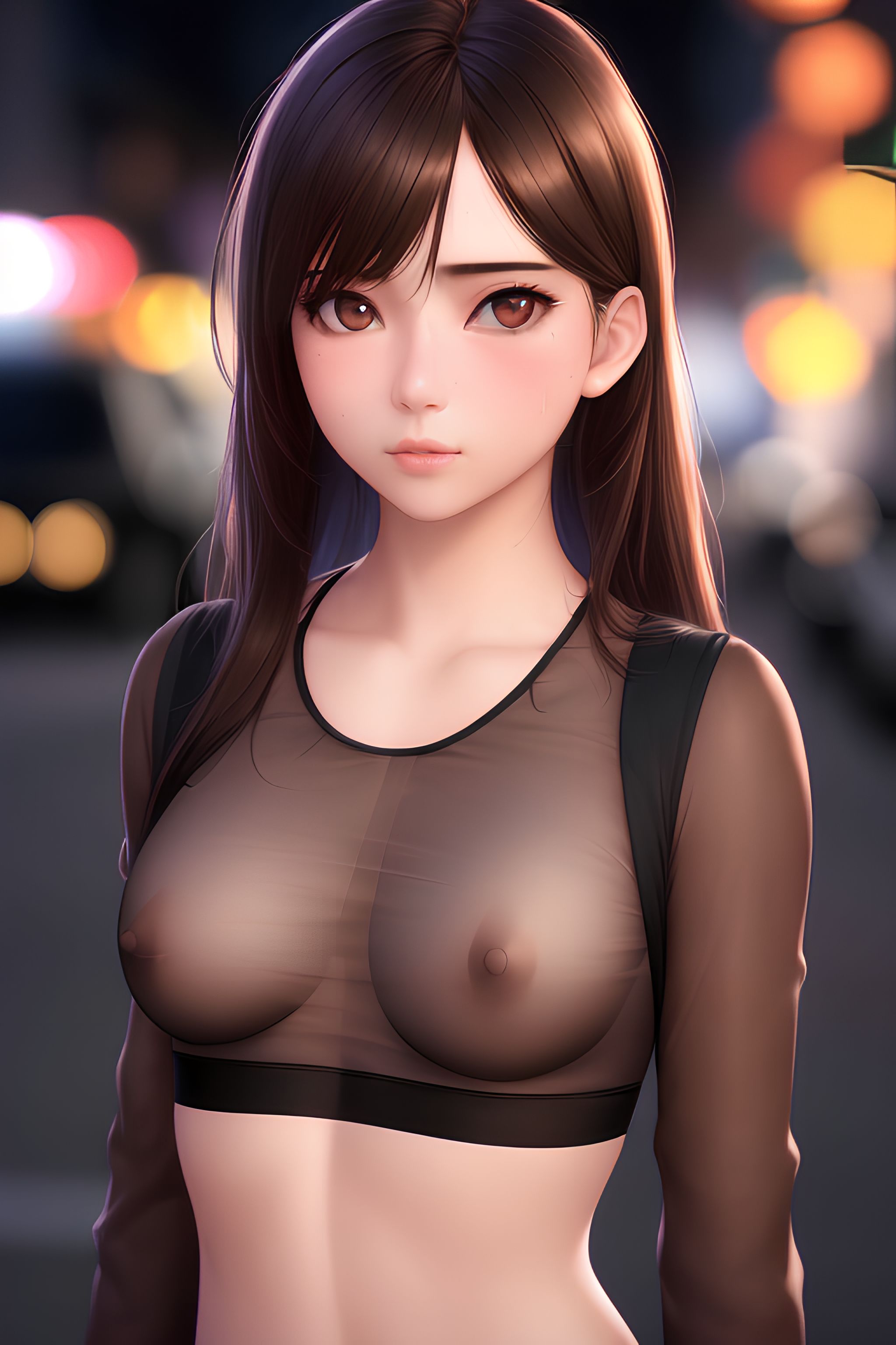 1girls, ai generated, brown eyes, female, night, see-through, see-through clothing, solo, stable diffusion, street