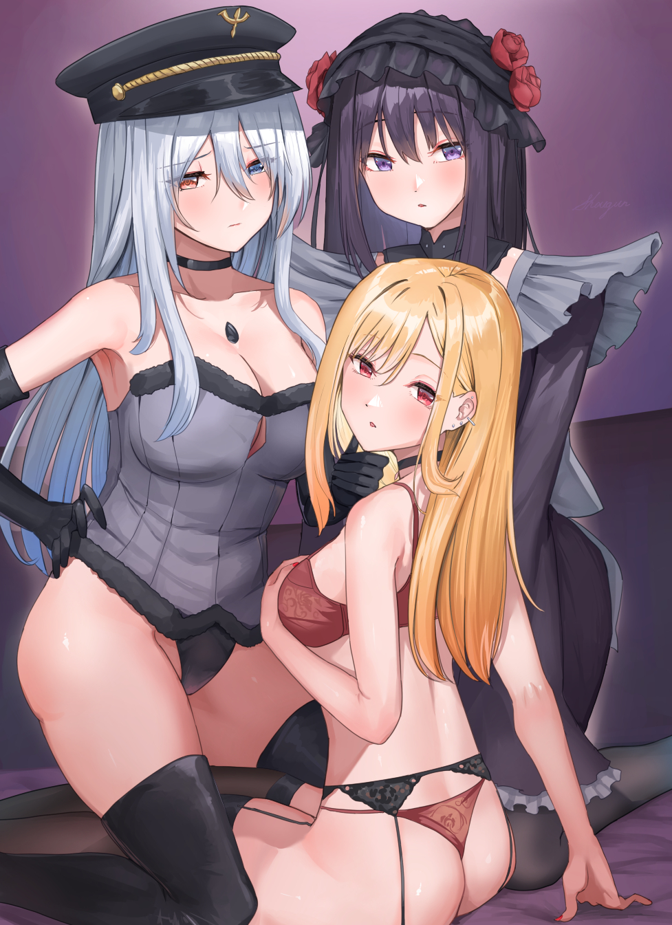 3girls ass black_dress black_garter_belt black_garter_straps black_headwear black_lobelia_(cosplay) black_panties blonde_hair blue_eyes bra breasts choker corset cosplay dress ear_piercing earrings elbow_gloves female female_only garter_belt garter_straps gloves grey_hair hat headwear heterochromia highleg highleg_panties kitagawa_marin kneeling kuroe_shizuku_(cosplay) large_breasts lingerie long_hair looking_at_viewer painted_fingernails panties purple_eyes purple_hair red_bra red_eyes red_panties shougun_(chuckni1) sitting sono_bisque_doll_wa_koi_wo_suru thighhighs