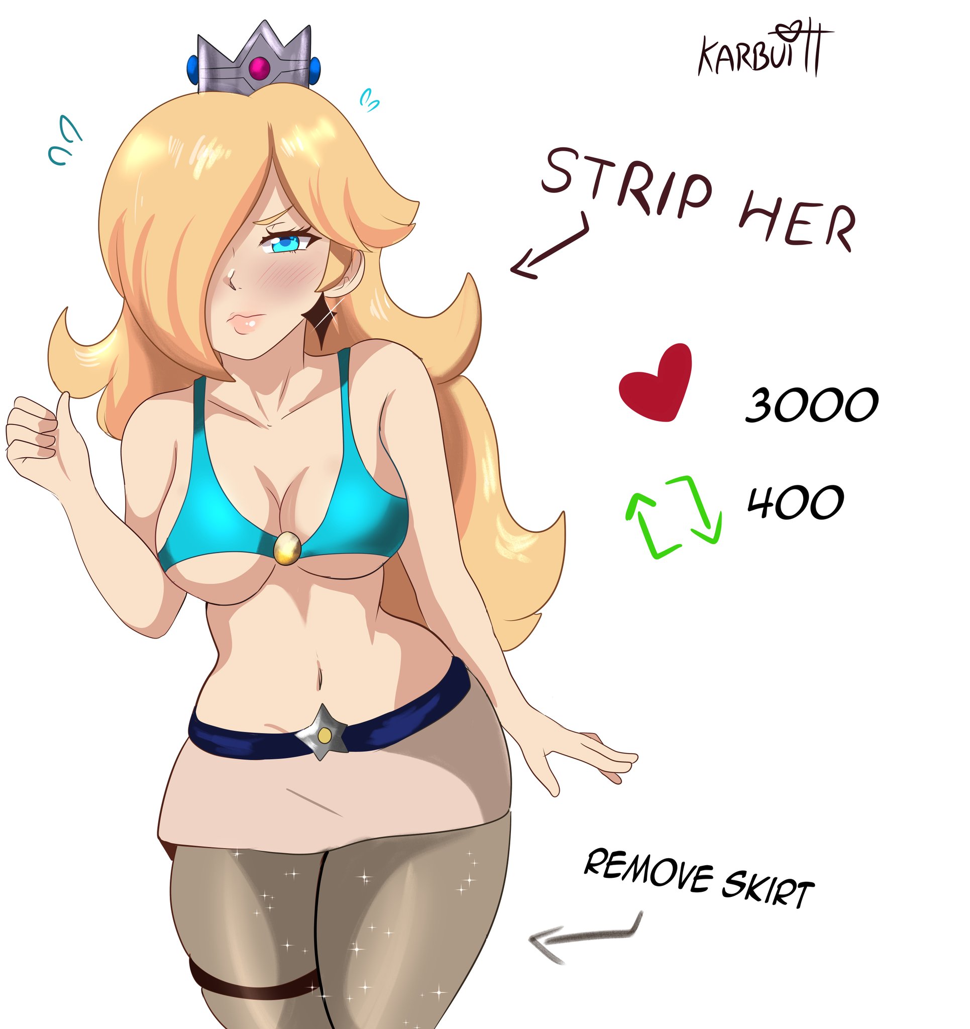 1girls, blonde hair, blue eyes, blush, bra, cleavage, crown, earrings, english text, female, female only, hair over one eye, hartman hips, karbuitt, mario (series), nintendo, pantyhose, princess rosalina, simple background, skirt, solo, standing, strip game, text, twitter strip game, video game, video games, white background