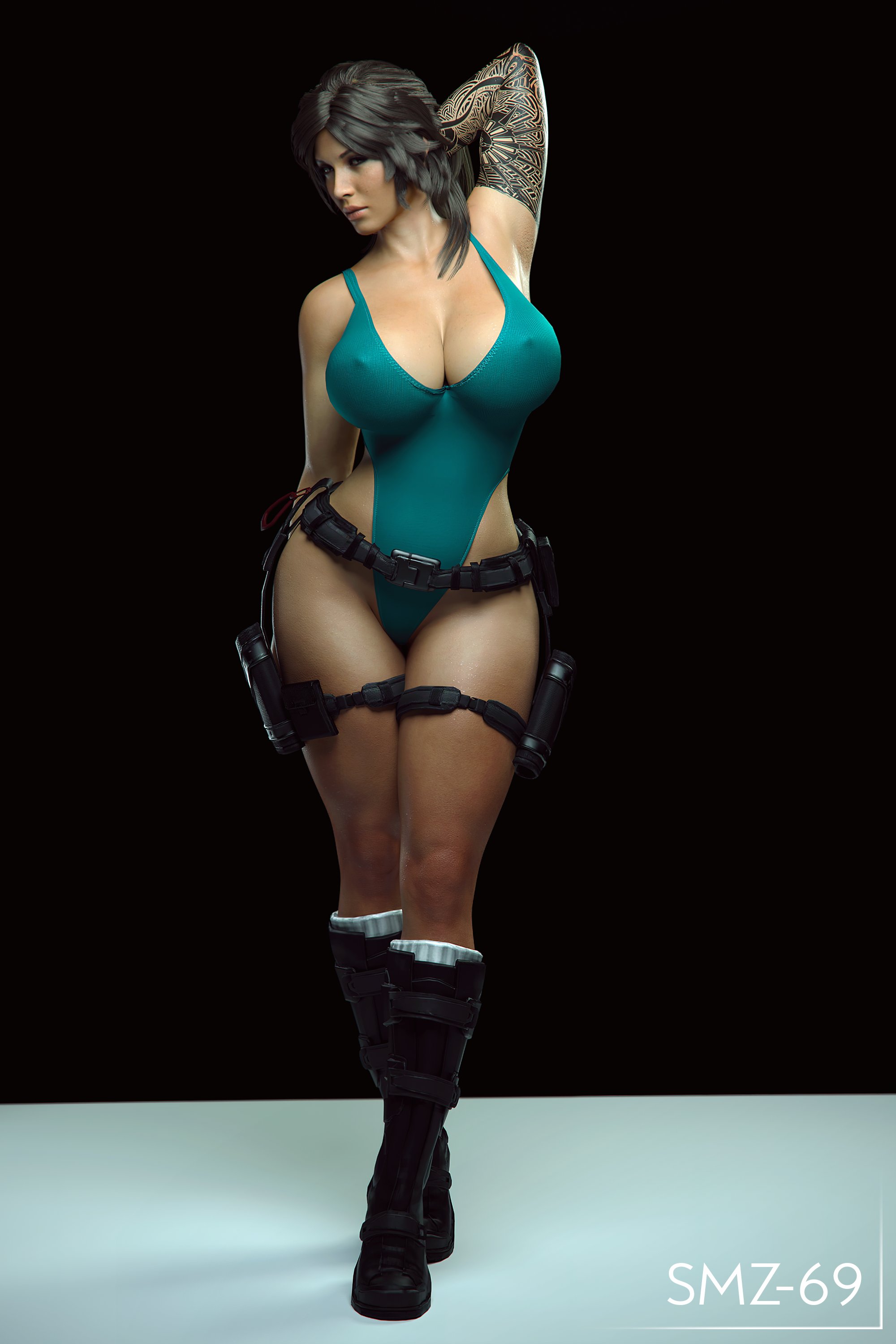 1girls, 3d, absurd res, ass, belt, big ass, big breasts, bikini, breasts, brown hair, clothing, female, female only, fingerless gloves, footwear, gloves, hi res, huge ass, human, lara croft, lara croft (survivor), large breasts, legwear, light skin, light-skinned female, nipple bulge, one-piece swimsuit, pale skin, smz-69, solo, solo female, swimsuit, tactical gear, tattoo, thick thighs, tomb raider, tomb raider (survivor), wide hips