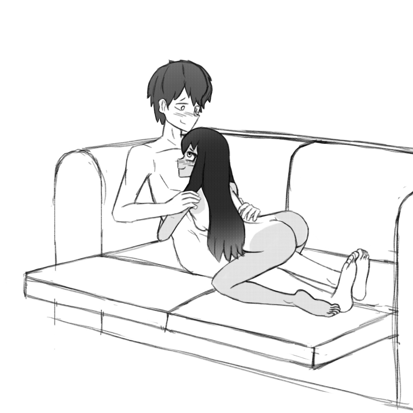 1boy, 1girls, 2d, artist request, ass, black hair, blush, breasts, couch, female, hayase nagatoro, long hair, male, monochrome, naked, naoto hachioji (senpai), on top, please don't bully me, nagatoro, short hair, sideboob, small breasts, smaller female, smile, tan, tan body, tan skin, tanline, tanned, thick ass, thick thighs, wholesome
