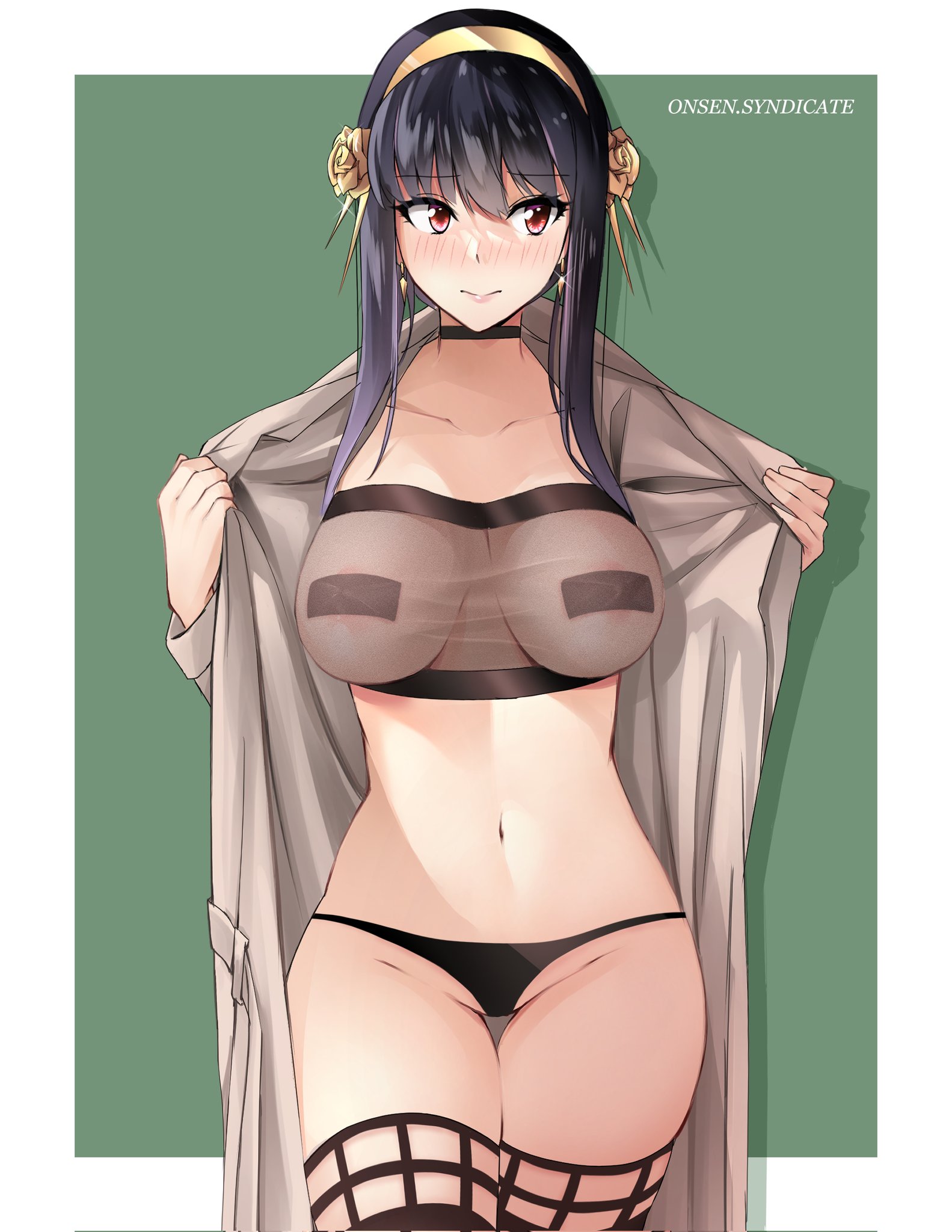 1girls, assassin, black hair, breasts, covered nipples, covering, covering breasts, female, female only, flushed, flushed face, human, onsen syndicate, red eyes, solo, spy x family, thong, thong panties, thorn princess, yor briar, yor forger
