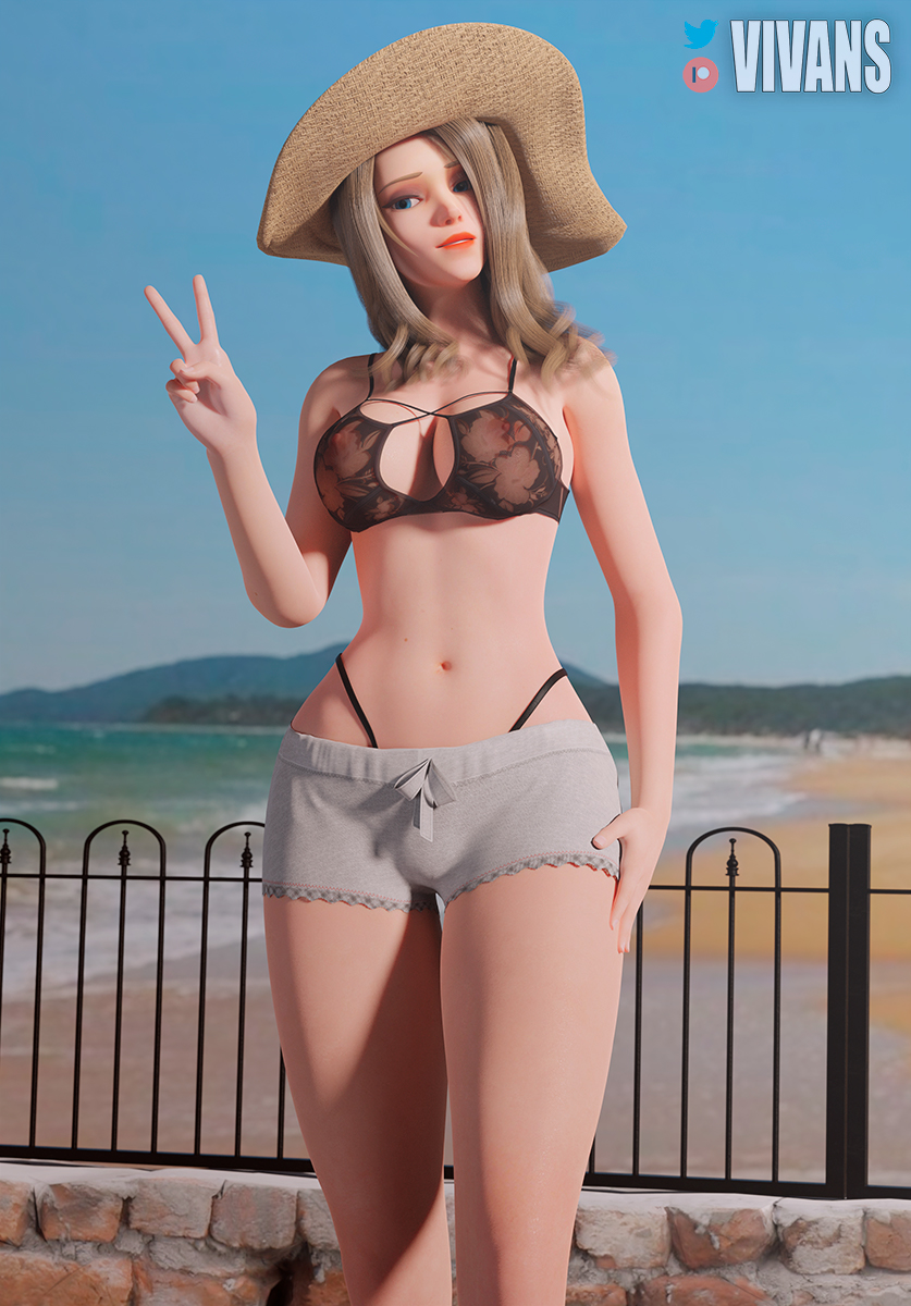 3d alternate_hairstyle angela_ziegler blender blonde_female blonde_hair blue_eyes breasts female female_only girl hat hips looking_at_viewer mercy nipples nipples_visible_through_clothing overwatch overwatch_2 shorts thong victory_sign vivans