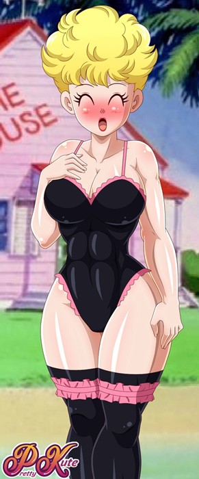 abs artist_name bad_link big_ass big_breasts bikini_(dragon_ball) blonde_hair blush cleavage closed_eyes dragon_ball hand_on_chest hand_on_own_chest lingerie looking_at_viewer panchy panchy_(dragon_ball) panchy_briefs pk-studios stockings thick_thighs thigh_highs