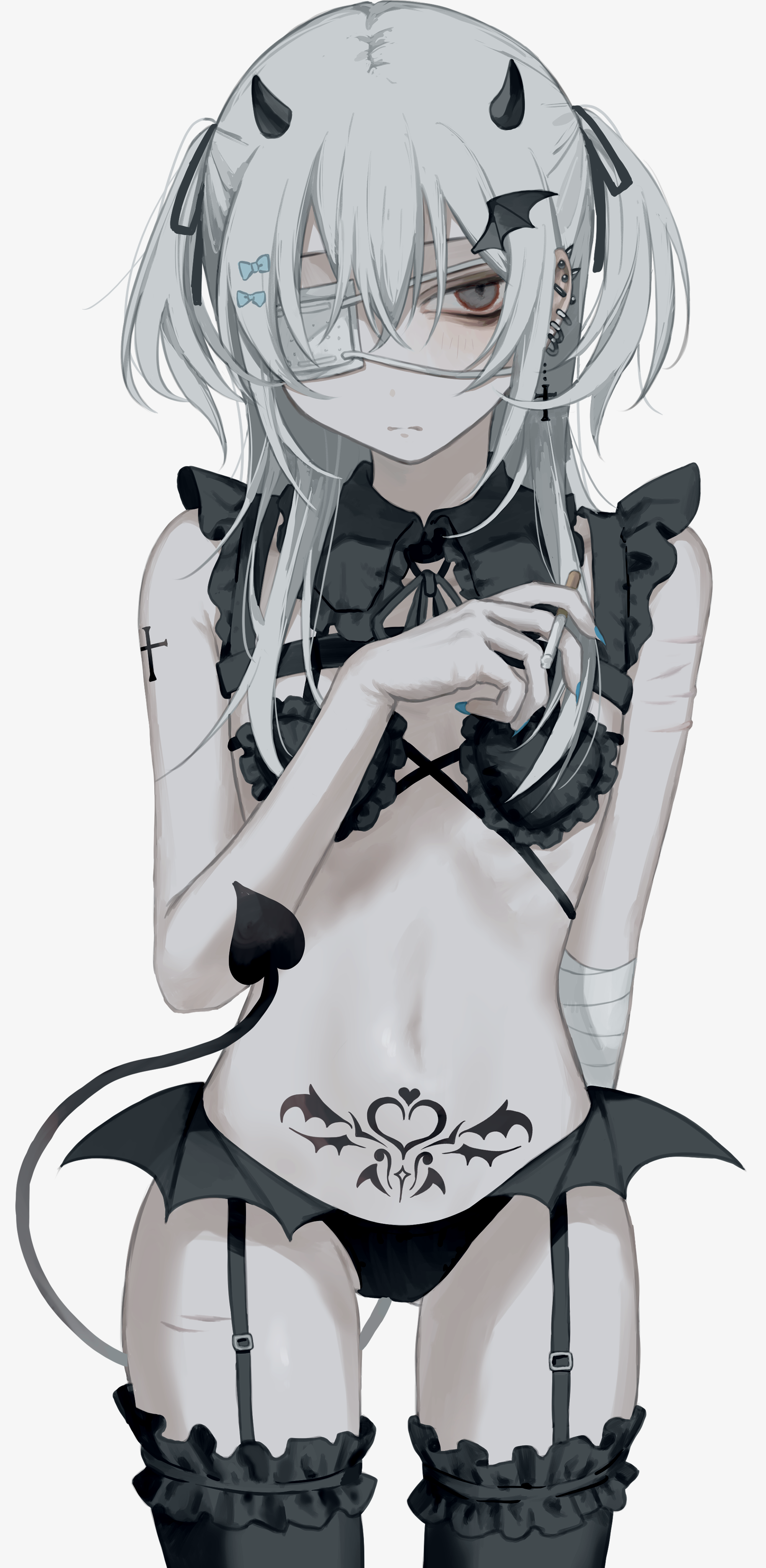 1girls, absurdres, arm tattoo, ass visible through thighs, bandaged arm, bandages, bangs, bare thighs, black eyes, black horns, black ribbon, black thighhighs, bow, bra, cigarette, closed mouth, commentary, cowboy shot, cross, cross earrings, cuts, demon, demon girl, ear piercing, earrings, eyepatch, female, female only, flat chest, frilled thighhighs, frills, garter belt, garter straps, hair ribbon, hairbow, heart tail, highres, holding, holding cigarette, horns, injury, jewelry, lace, lace bra, lingerie, looking at viewer, medium hair, navel, nia (x x02), one eye covered, original, pale skin, panties, piercing, pubic tattoo, ribbon, short twintails, simple background, solo, succubus, succubus horns, succubus tail, succubus tattoo, tattoo, thighhighs, thighs, twintails, underwear, white background, white hair, wing hair ornament
