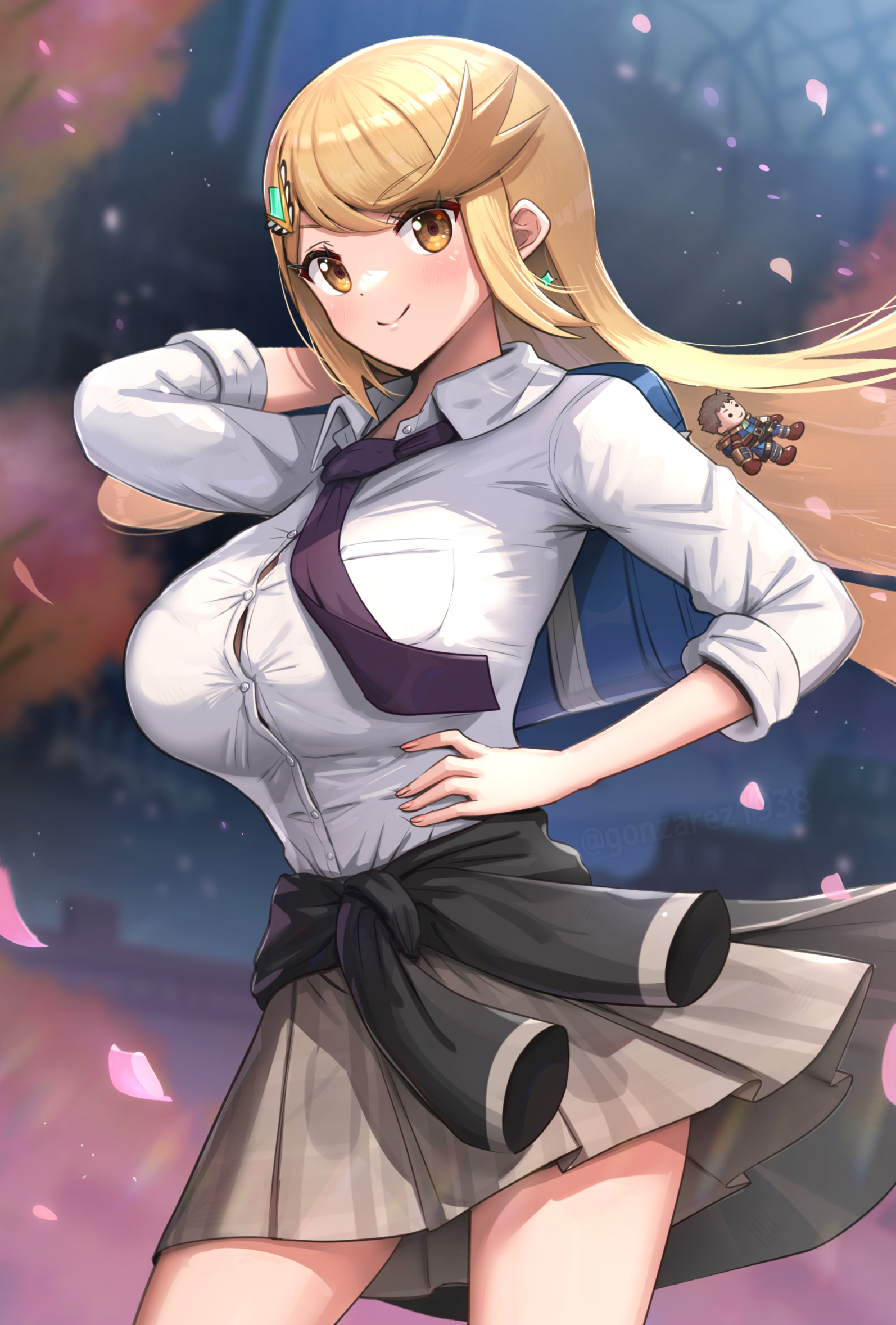 1girls, absurd res, alternate costume, bag, black jacket, blazer, blonde hair, blush, breasts, cherry blossoms, dress shirt, female, female only, gonzarez, grey skirt, hair ornament, hairclip, hand on hip, highres, holding bag, holding object, large breasts, long hair, long sleeves, looking at viewer, massive breasts, mythra, necktie, nintendo, purple necktie, rolled up sleeves, school bag, school uniform, schoolgirl, shirt, skirt, thick thighs, thighs, tie, uniform, very long hair, white shirt, xenoblade (series), xenoblade chronicles 2, yellow eyes