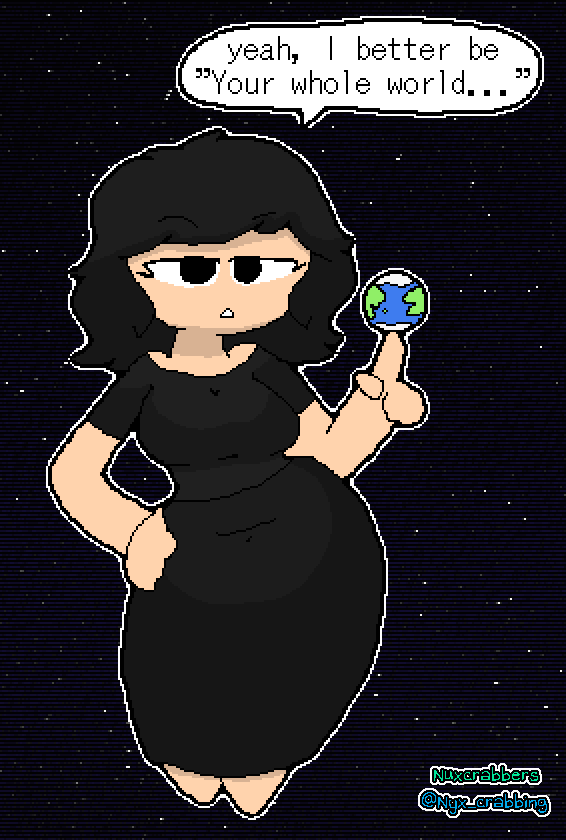 big_breasts black_eyes black_hair breasts earth female hand_on_hip nyx_crabbing pixel_art space tagme watermark