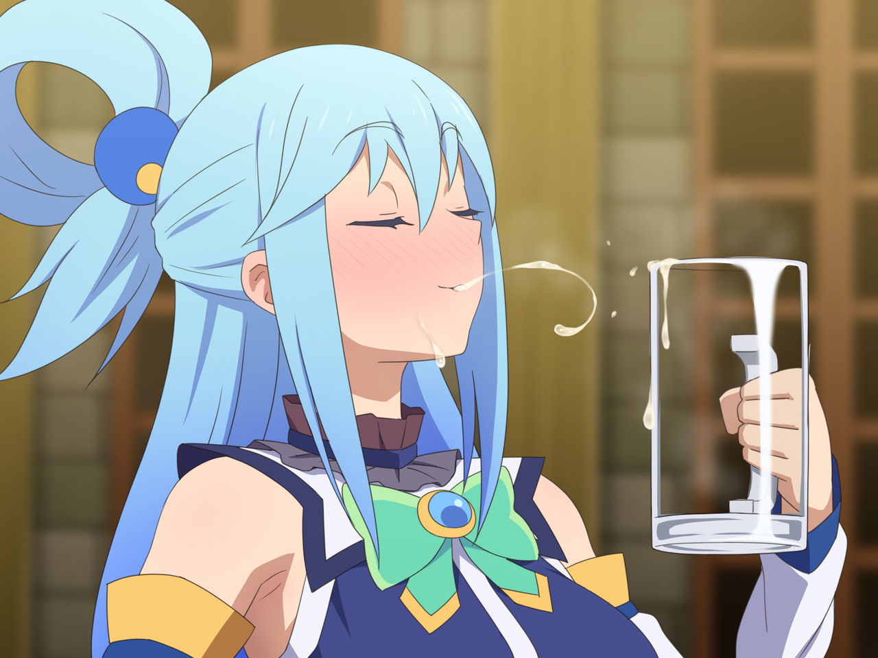 1girls after_drink_cum aqua_(konosuba) beer_mug clothed cum cum_drinking cum_in_container cum_in_cup cum_in_mouth cum_in_mug cum_on_face cum_on_mouth cum_string cup drinking drinking_cum female female_only flushed kono_subarashii_sekai_ni_shukufuku_wo! mug slurp slurping solo tedain