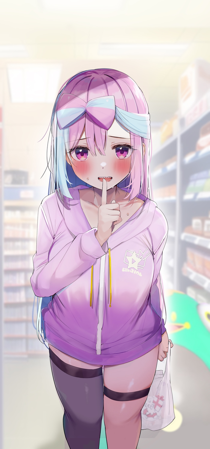 1girls blue_hair blush breasts clothing female female_only game_freak groceries grocery_bag grocery_store iono_(pokemon) jackal looking_at_viewer naked_jacket nintendo pink_hair pokemon pokemon_sv public rouka_(akatyann) sharp_teeth shushing smile solo supermarket sweat thighhighs thighs two_tone_hair