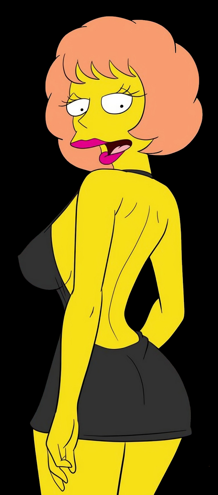 bare_back croc_(artist) dress edit female maude_flanders provocative sensual short_dress smile the_simpsons yellow_skin