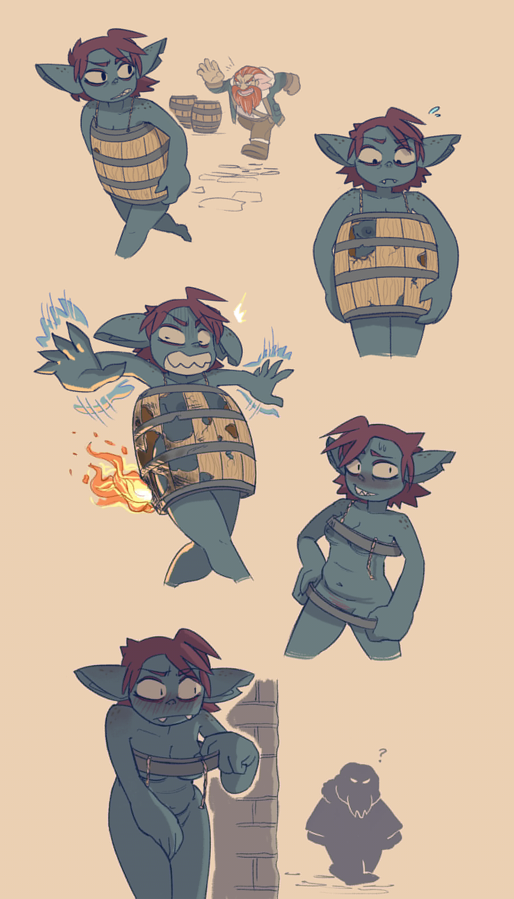 1girls, barrel, belly fat, blueregardtwo, blush, blush lines, blushing, blushing profusely, breasts, brown hair, chasing, closed mouth, collarbone, covering, covering crotch, dwarf, embarrassed, embarrassed nude female, embarrassing outfit, enf, fangs, female, fire, freckles, full-face blush, functionally nude, functionally nude female, goblin, goblin female, hiding, legs, legs together, looking back, looking down, lynn (blueregardtwo), navel, nipples, nude, panic, panicking, practically nude, public exposure, public humiliation, public nudity, red hair, redhead, running, sharp teeth, shoulder freckles, shy, slightly chubby, slightly chubby female, standing, sweatdrop, thighs, tummy, wardrobe malfunction