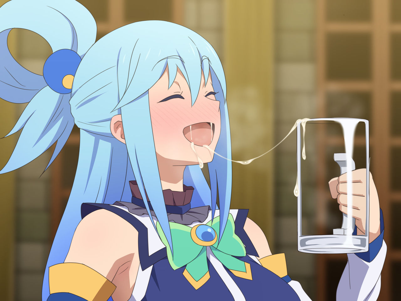 1girls after_drink_cum aqua_(konosuba) beer_mug clothed cum cum_drinking cum_in_container cum_in_cup cum_in_mouth cum_in_mug cum_on_face cum_on_mouth cum_string cup cute cute_expression cute_face cute_girl cute_girl_in_lewd_act drinking drinking_cum female female_only flushed kono_subarashii_sekai_ni_shukufuku_wo! mug satisfied solo tedain