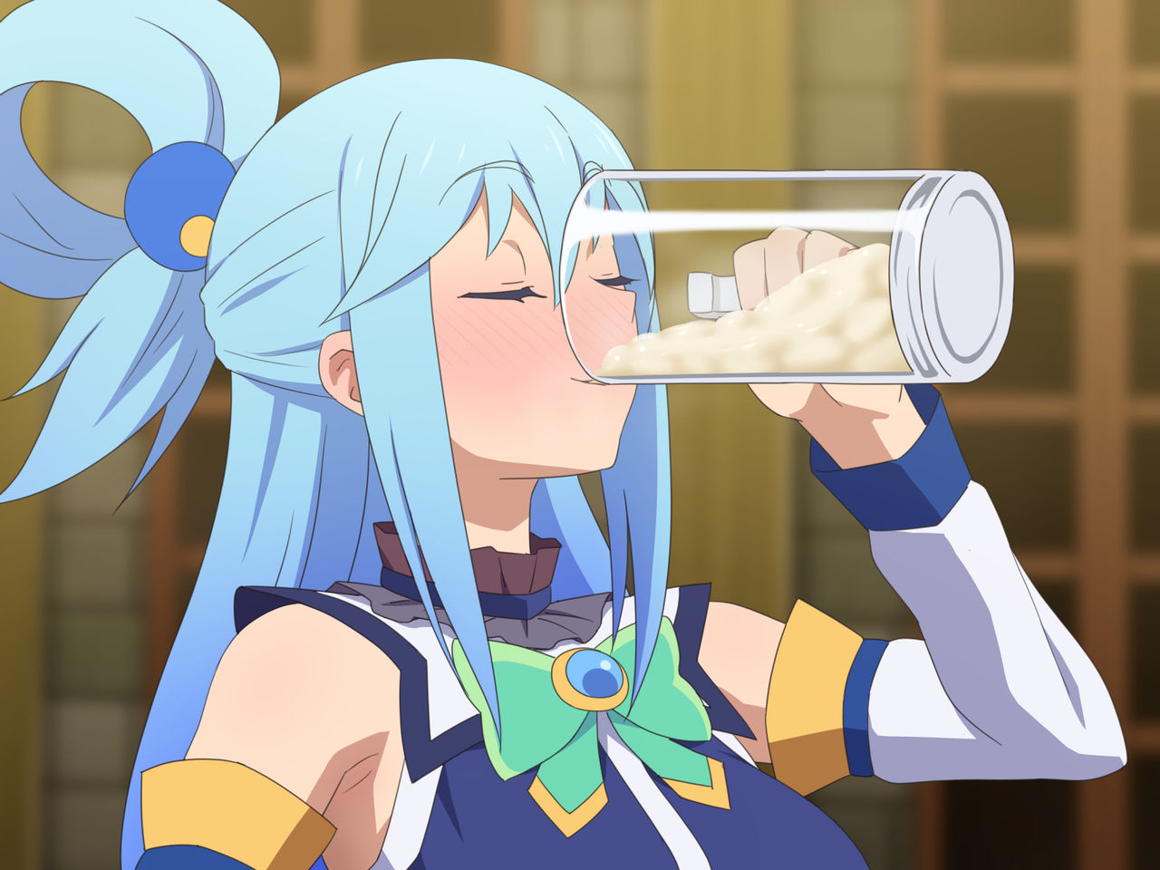 1girls aqua_(konosuba) beer_mug clothed cum cum_drinking cum_in_container cum_in_cup cum_in_mug cup drinking drinking_cum female female_only flushed kono_subarashii_sekai_ni_shukufuku_wo! mug solo tedain