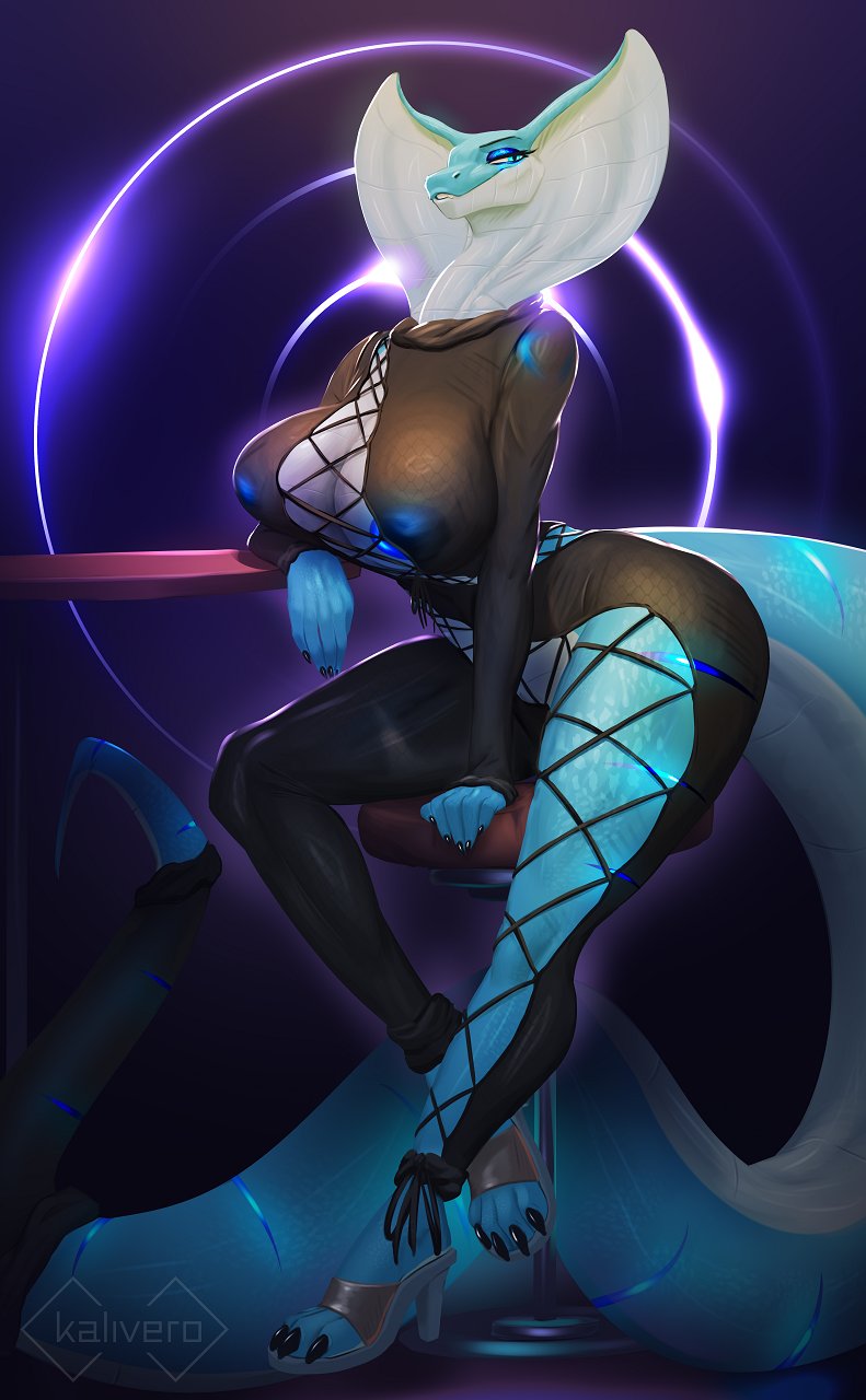 areola, big breasts, breasts, breasts bigger than head, claws, clothing, female, hi res, huge breasts, kalivero, looking aside, reptile, scalie, sitting, slim, snake, snake hood, string jumpsuit, translucent, translucent clothing