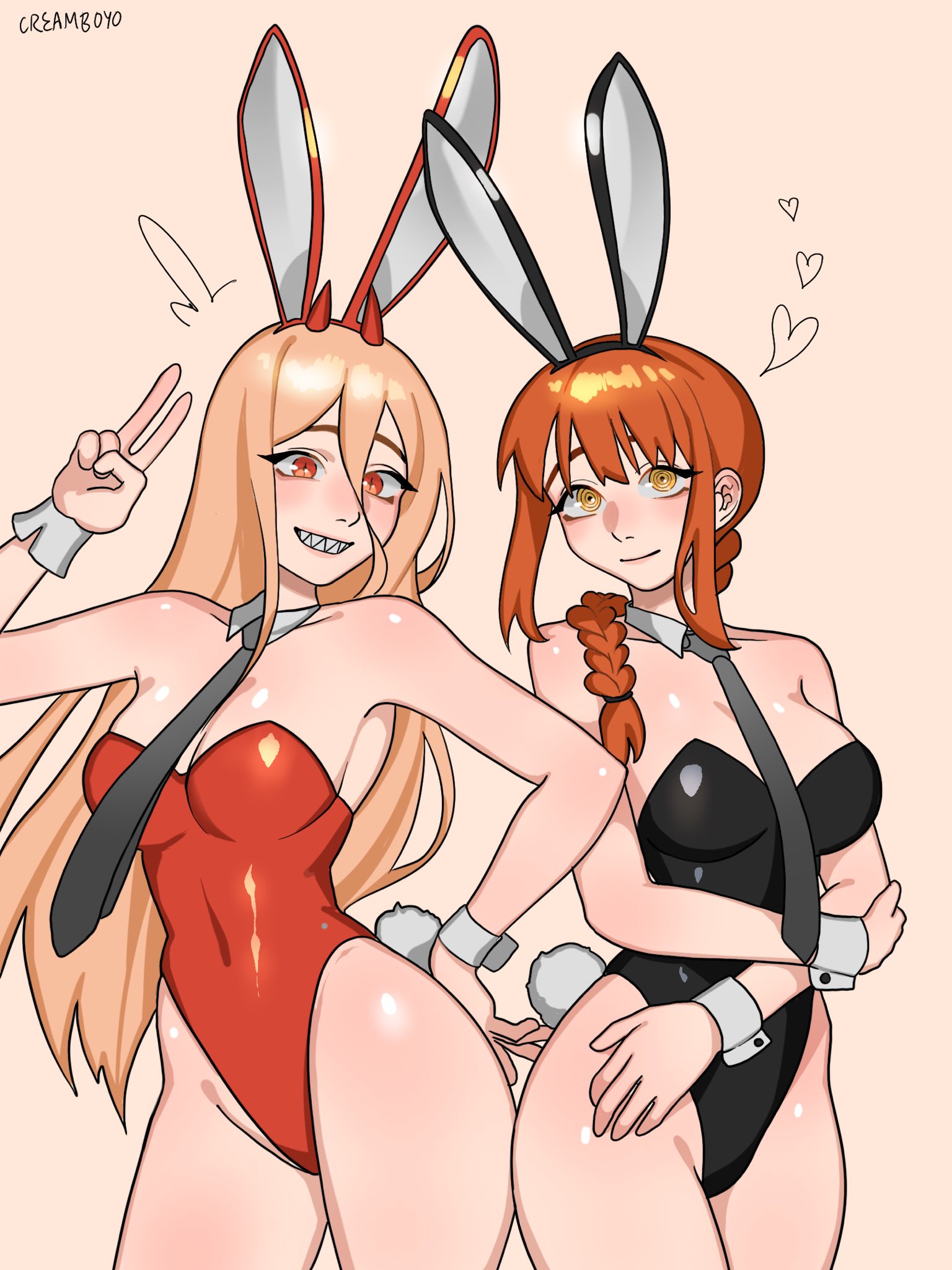 2girls, blonde hair, blonde-haired female, braided hair, breasts, bunny ears, bunny girl, bunnysuit, chainsaw man, creamboyo, demon, demon girl, eye contact, female, female only, horns, leotard, long hair, looking at viewer, makima (chainsaw man), power (chainsaw man), red hair, red-haired female, sharp teeth, simple background, standing, thick thighs, thighs