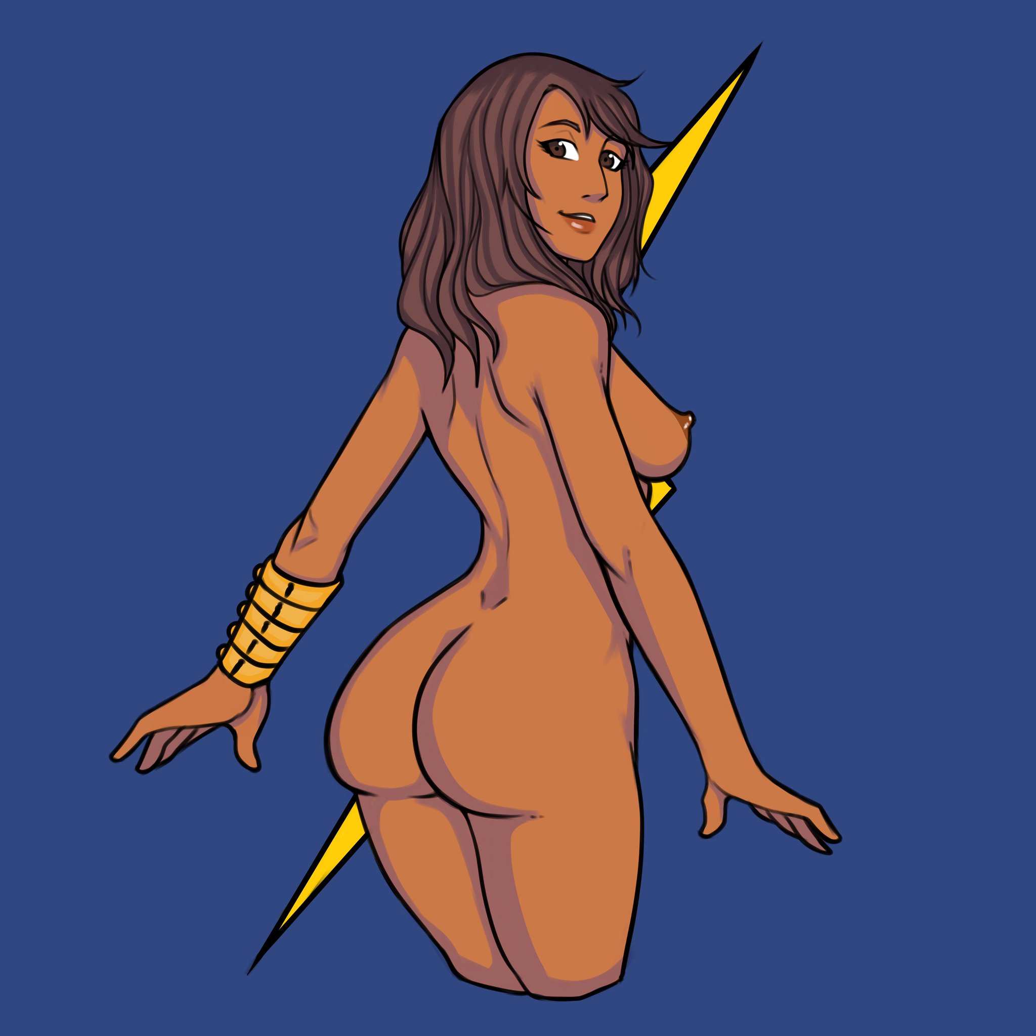 1girls, ass, ass focus, bangle, blue background, bracelet, breasts, brown eyes, brown hair, dark skin, dark-skinned female, female, happy, happy female, kamala khan, knarf at night, marvel, marvel comics, ms. marvel, ms. marvel (kamala khan), muslim, muslim female, nipples, nude, nude female, simple background, smile, smiling, smiling at viewer, solo