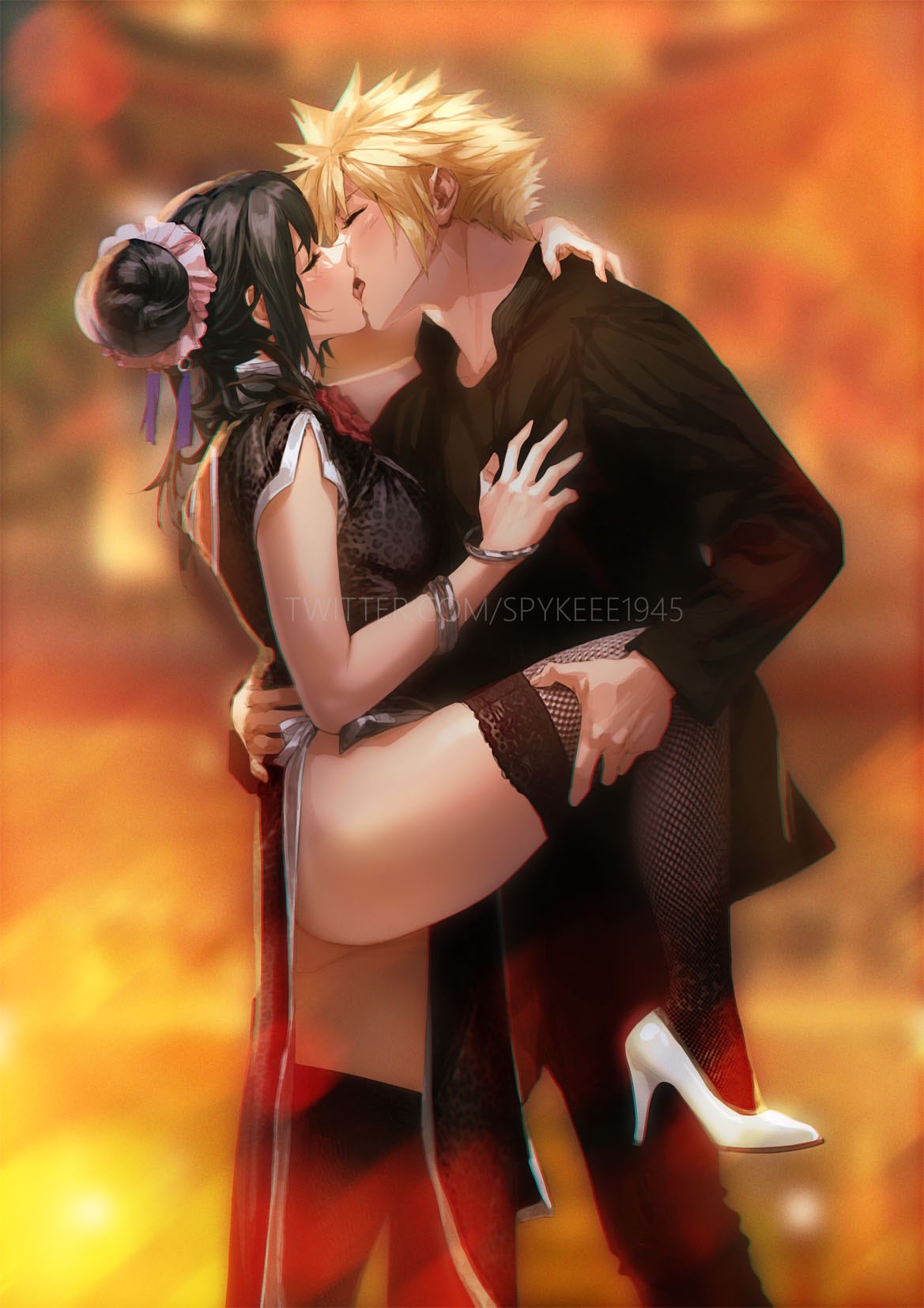 1boy 1girls alternate_costume blonde_hair brown_hair china_dress chinese_clothes closed_eyes cloud_strife final_fantasy final_fantasy_vii final_fantasy_vii_remake french_kiss high_heels kissing leg_lift open_mouth spykeee square_enix straight thighhighs tifa_lockhart tifa_lockhart_(sporty_dress) tongue tongue_out