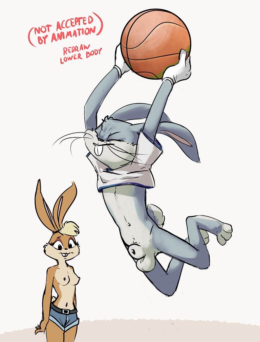 animal_genitalia anthro anthro_only ball balls basketball_(ball) bottomless breasts bugs_bunny closed_eyes clothed clothing duo female fur furry furry_only genitals handwear lagomorph leporid lola_bunny looney_tunes male mammal mindkog rabbit sheath space_jam tail topless warner_brothers