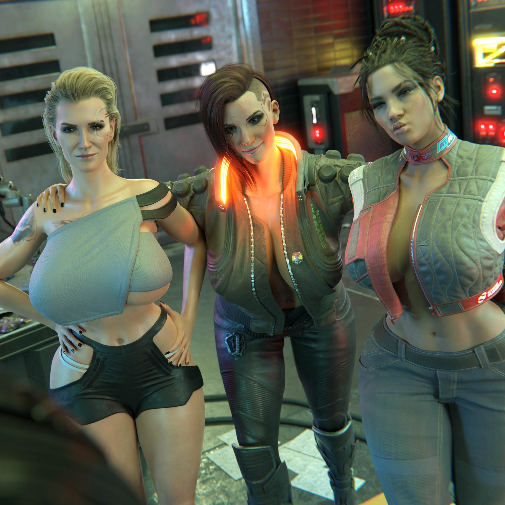 1boy, 3d, 3d (artwork), 3girls, athletic, athletic female, big breasts, blackedblender, breasts, brown body, brown eyes, brown hair, brown skin, busty, cd projekt red, curvaceous, curvy, cyberpunk, cyberpunk 2077, dark hair, dark skin, dark-skinned male, digital media (artwork), eyebrows, eyelashes, eyes, female, female focus, fit, fit female, hair, hips, hourglass figure, huge breasts, human, interracial, large breasts, legs, light skin, light-skinned female, lips, male, meredith stout, multiple females, multiple girls, offscreen character, offscreen male, panam palmer, straight, thick, thick legs, thick thighs, thighs, top heavy, upper body, v (cyberpunk 2077), valerie (cyberpunk 2077), voluptuous, waist, wide hips